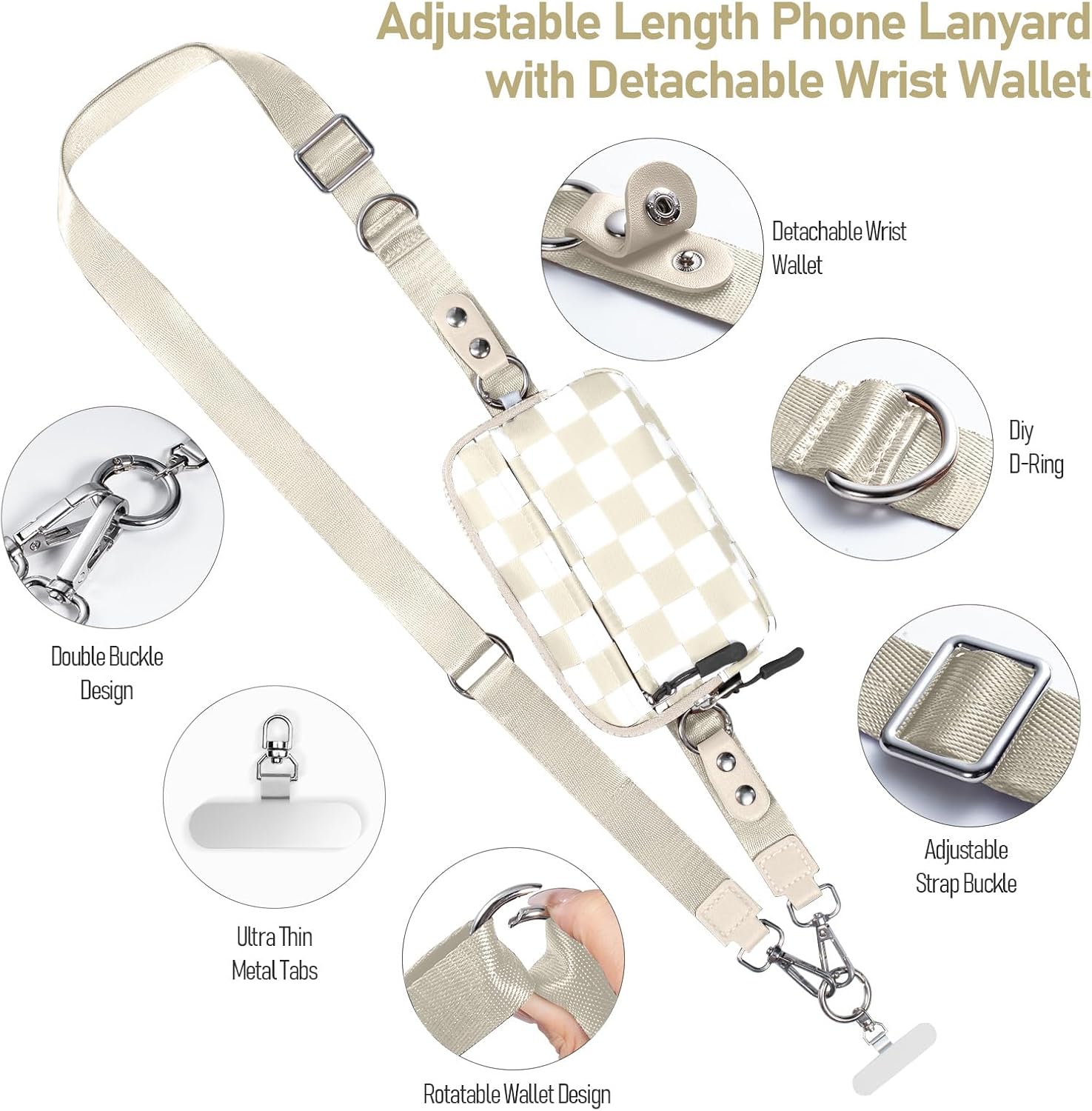 Thumbnail 1 de Tiostep Clip and Go Strap Bag for Phone with Detachable Checkered Wallet, RFID Pouch, and Adjustable Lanyard