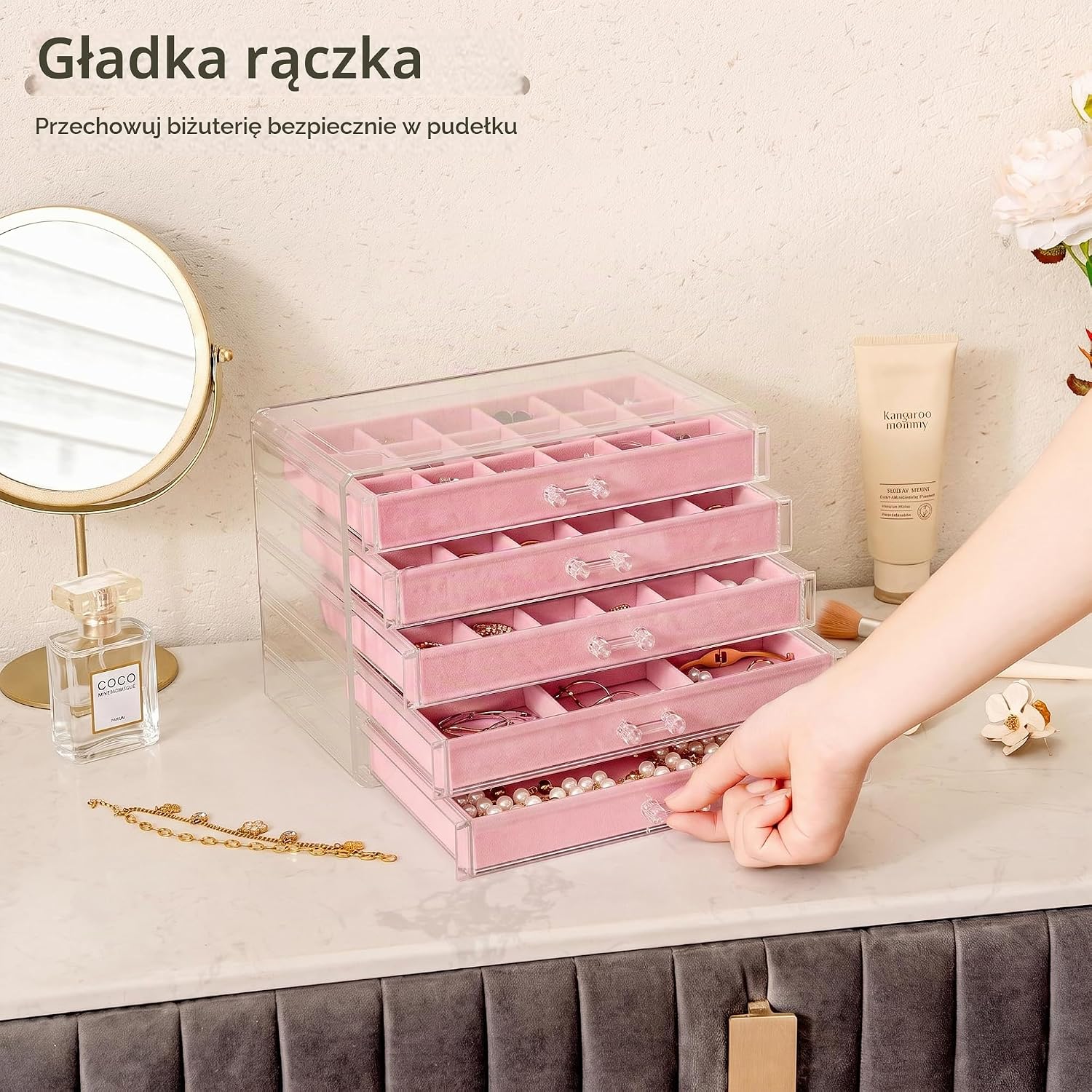 Detalle 2 de Frebeauty akrylowy organizer na biżuterię, 5 szuflad, różowy, aksamitne wkłady