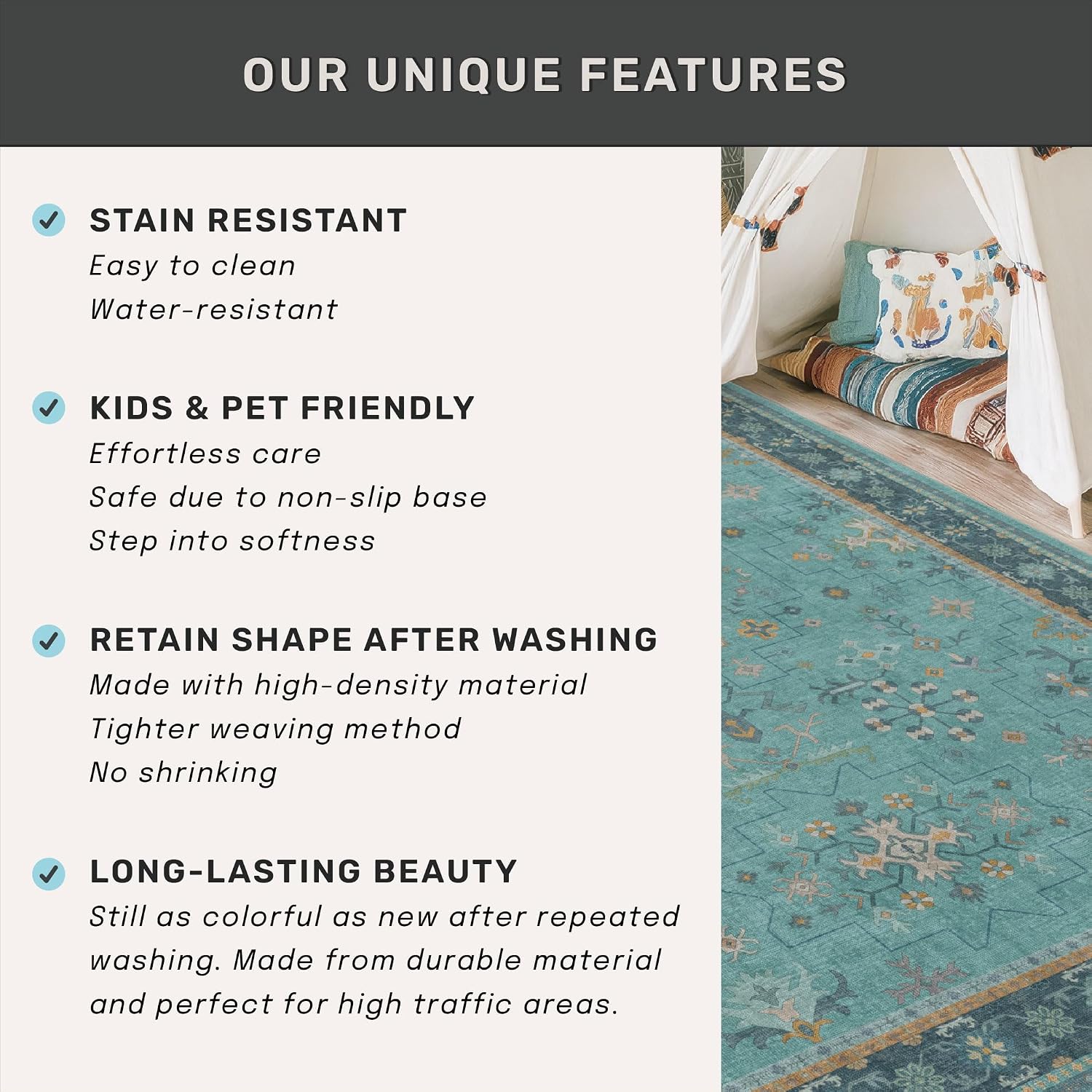 Thumbnail 6 de Teal 7x10 Large Rug Washable Floral Pattern