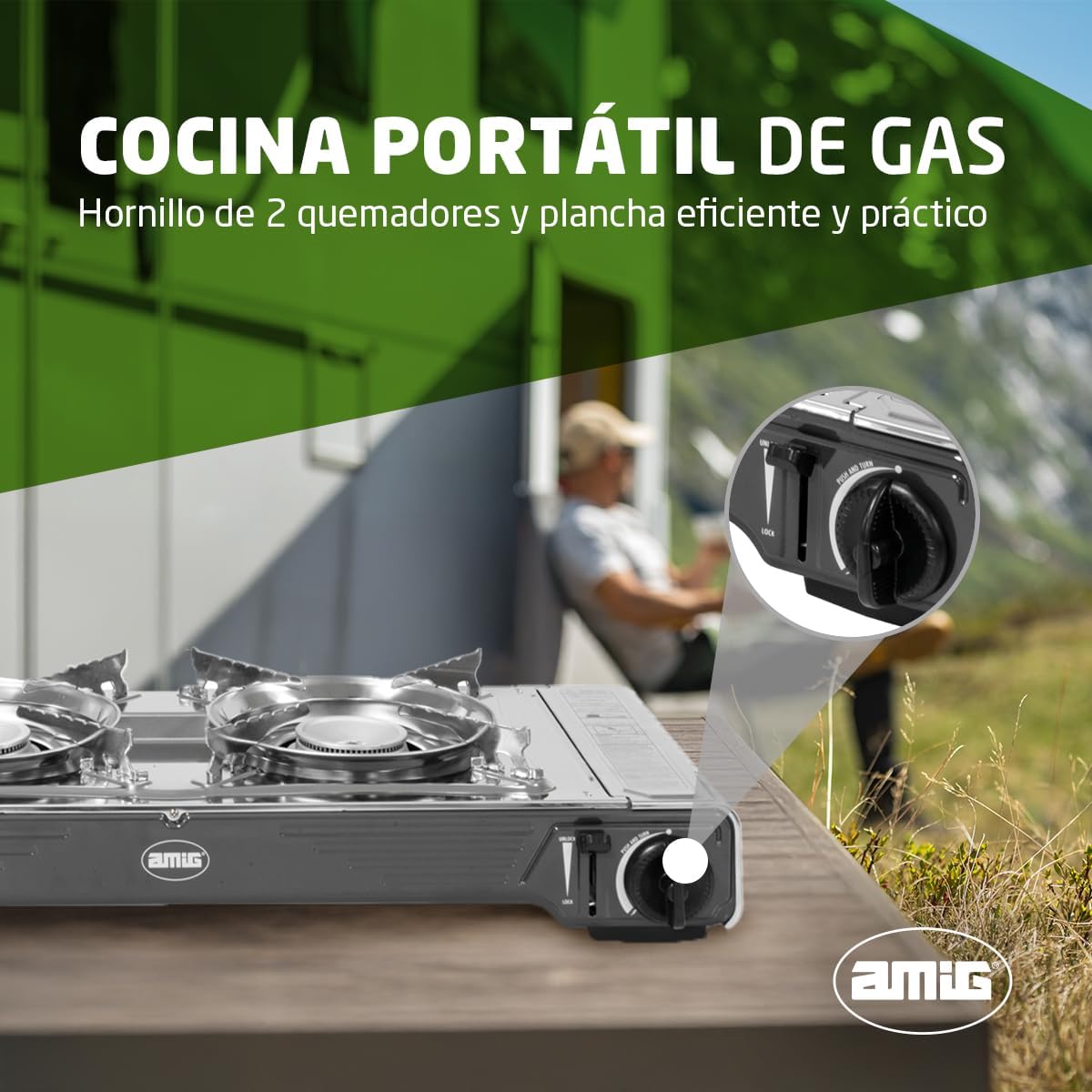 Detalle 2 de Amig CAMP02: Fornello da campeggio a gas a 2 bruciatori con piastra in acciaio inox e griglia in ghisa