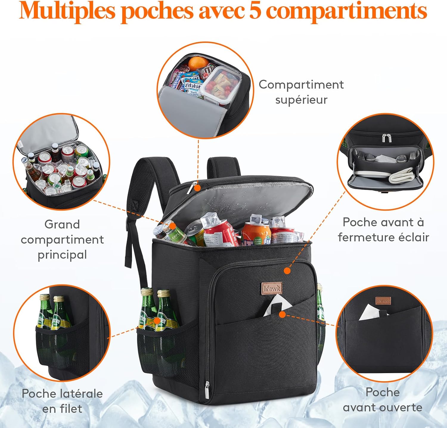 Thumbnail 4 de Lifewit Sac à Dos Isotherme Grand Glacière Souple 26L, Noir