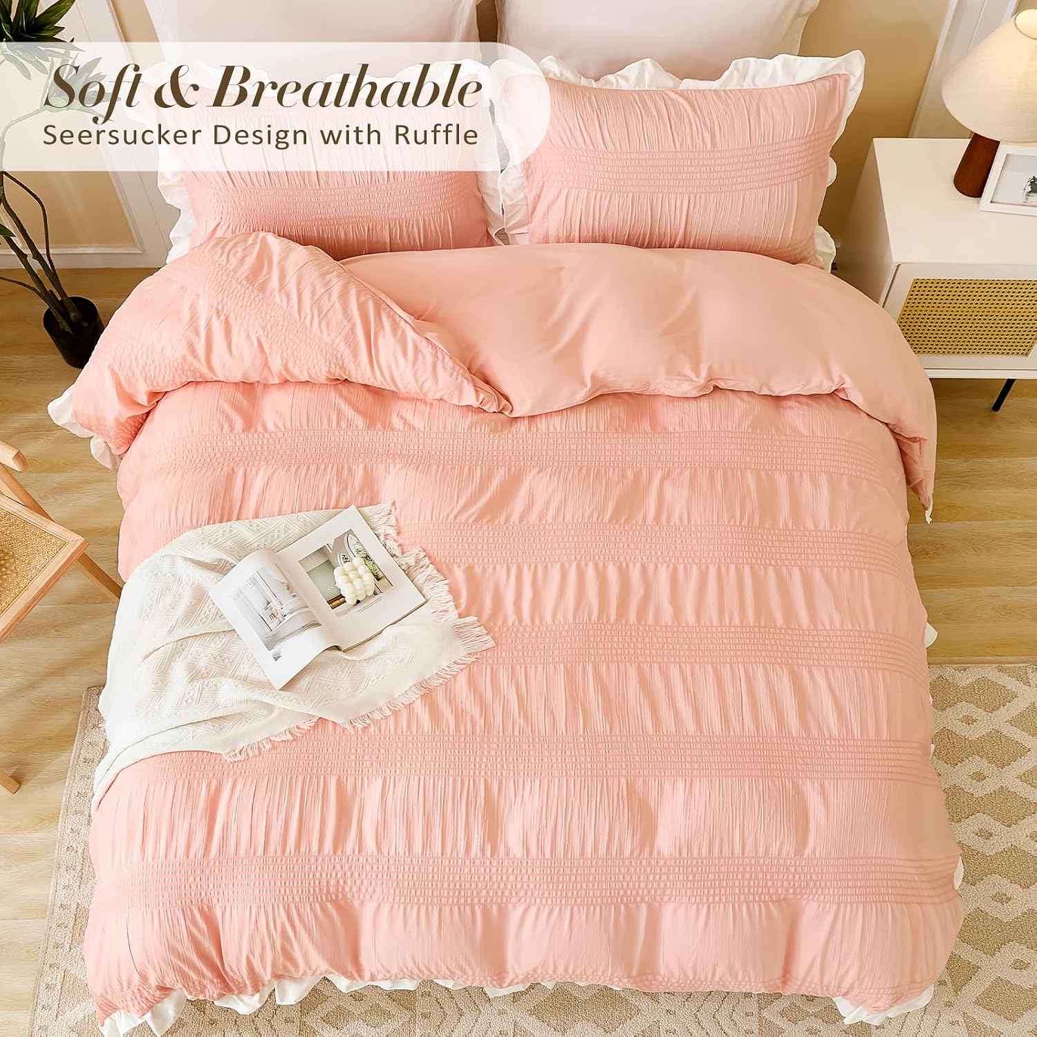 Detalle 2 de Guchuang King Size Pink Ruffled Duvet Cover Set (3-piece) with hidden zipper