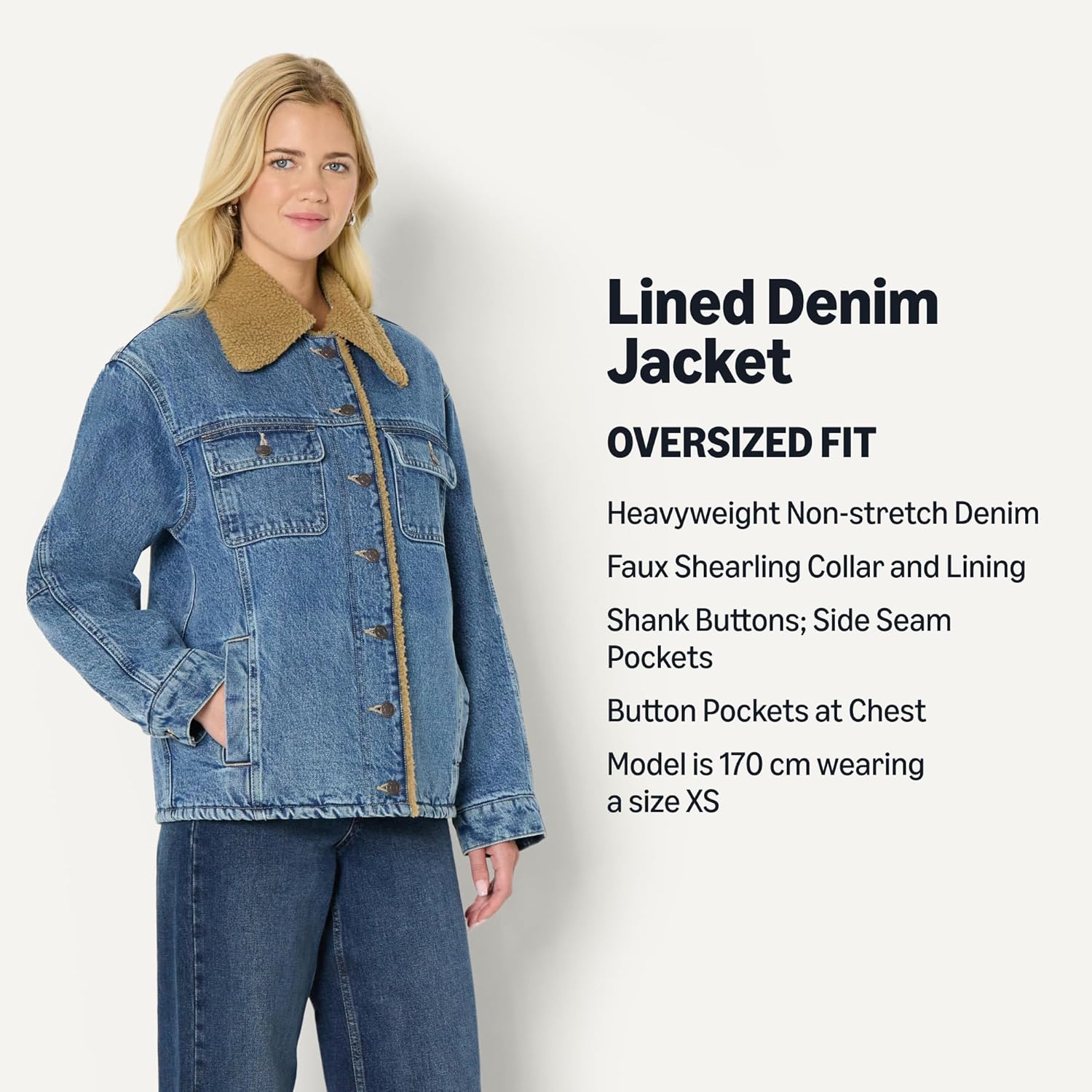 Detalle de Amazon Essentials Women's Oversized-Fit Faux-Shearling Denim Jacket