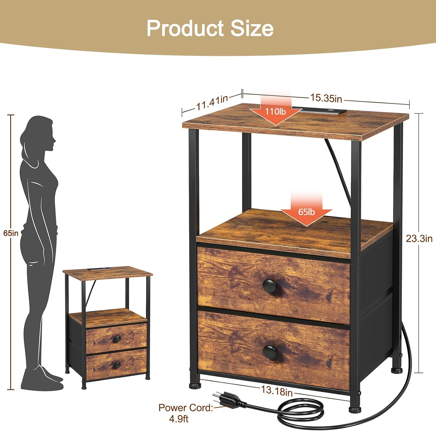 Thumbnail 2 de LOAKEKEL Night Stand Set of 2 with Charging Station, 2 Fabric Drawers and Storage Shelves