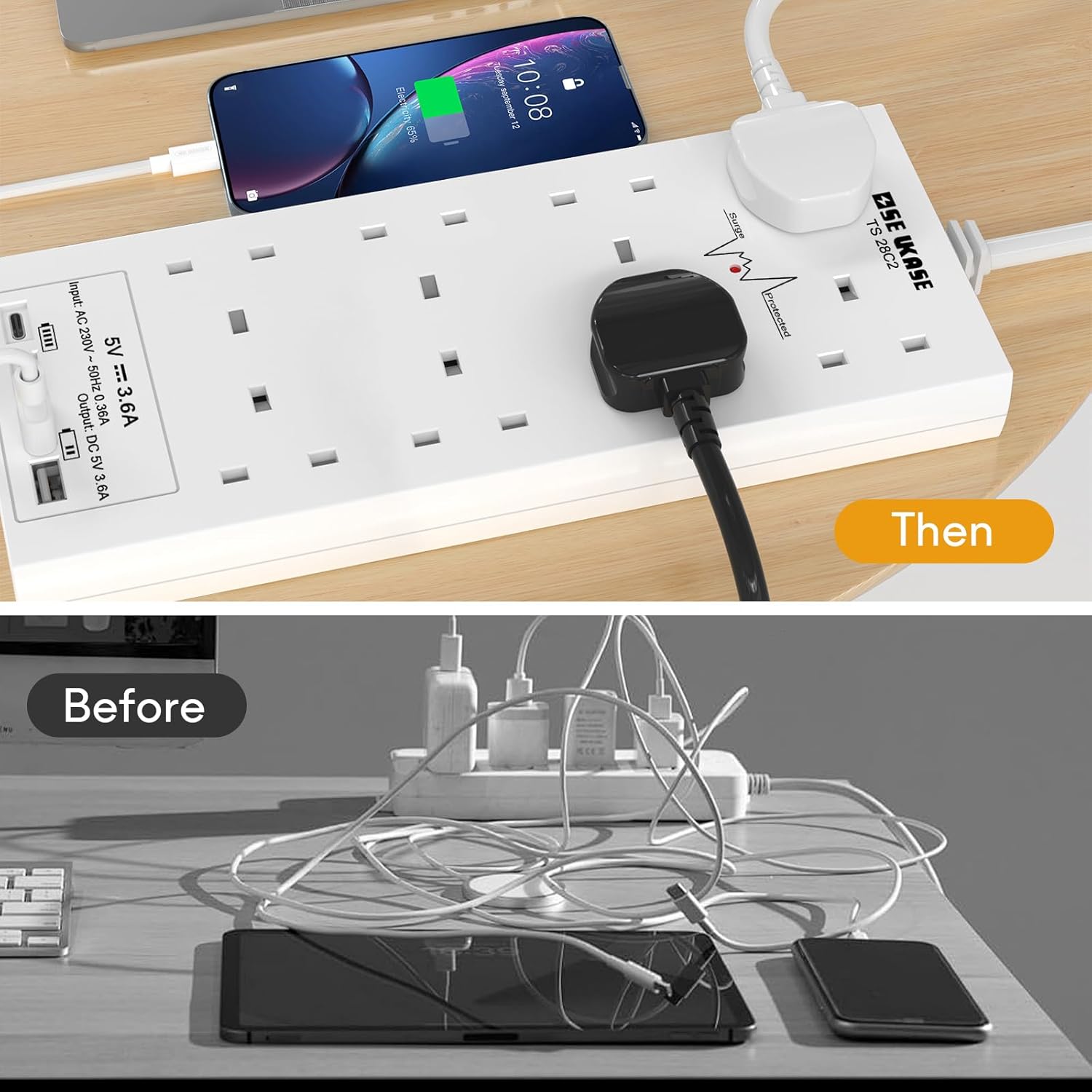 Thumbnail 3 de USB Extension Lead with 8-way Socket Surge Protection and 2m Cable (4× USB: 2C+2A)
