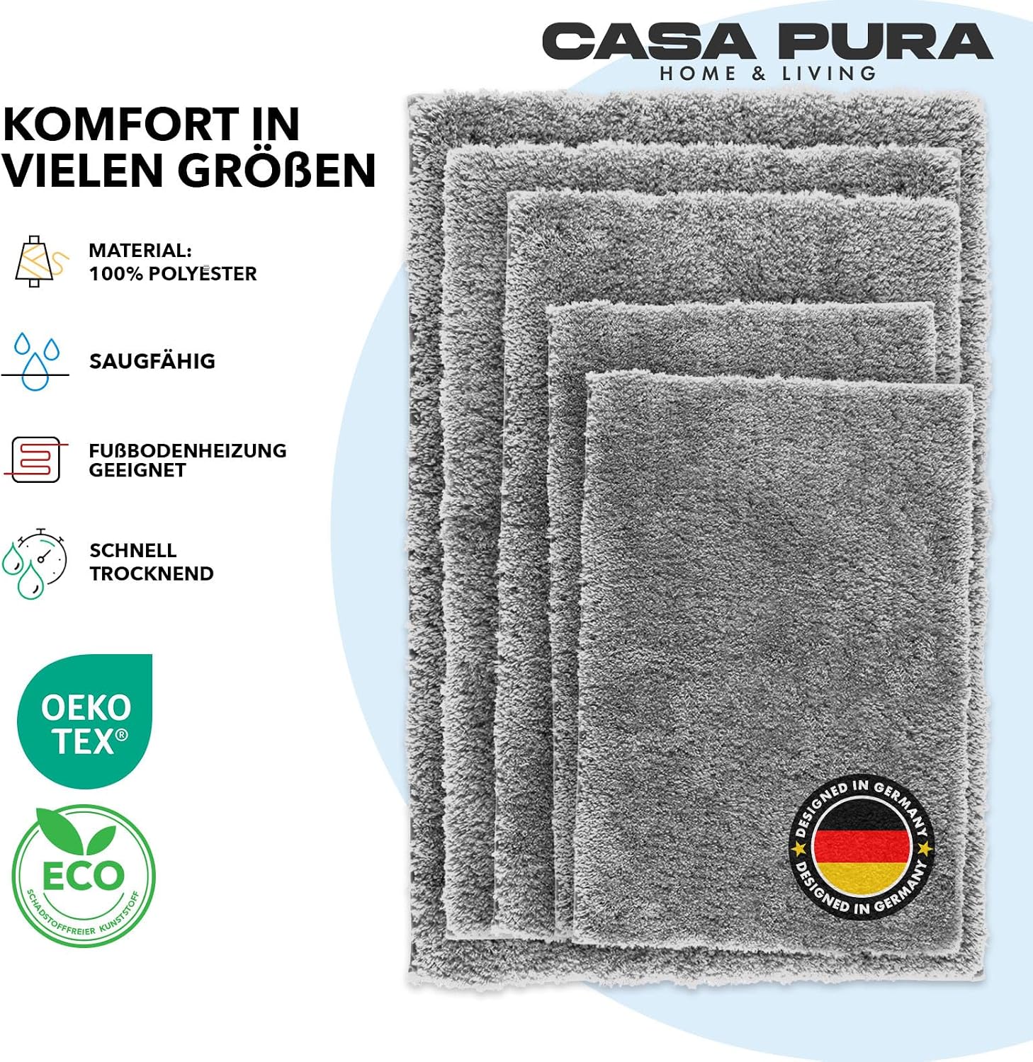 Detalle de casa pura Badematte Silbergrau Sky Soft – weicher, rutschfester Badvorleger in Shaggy-Optik (80x150 cm)