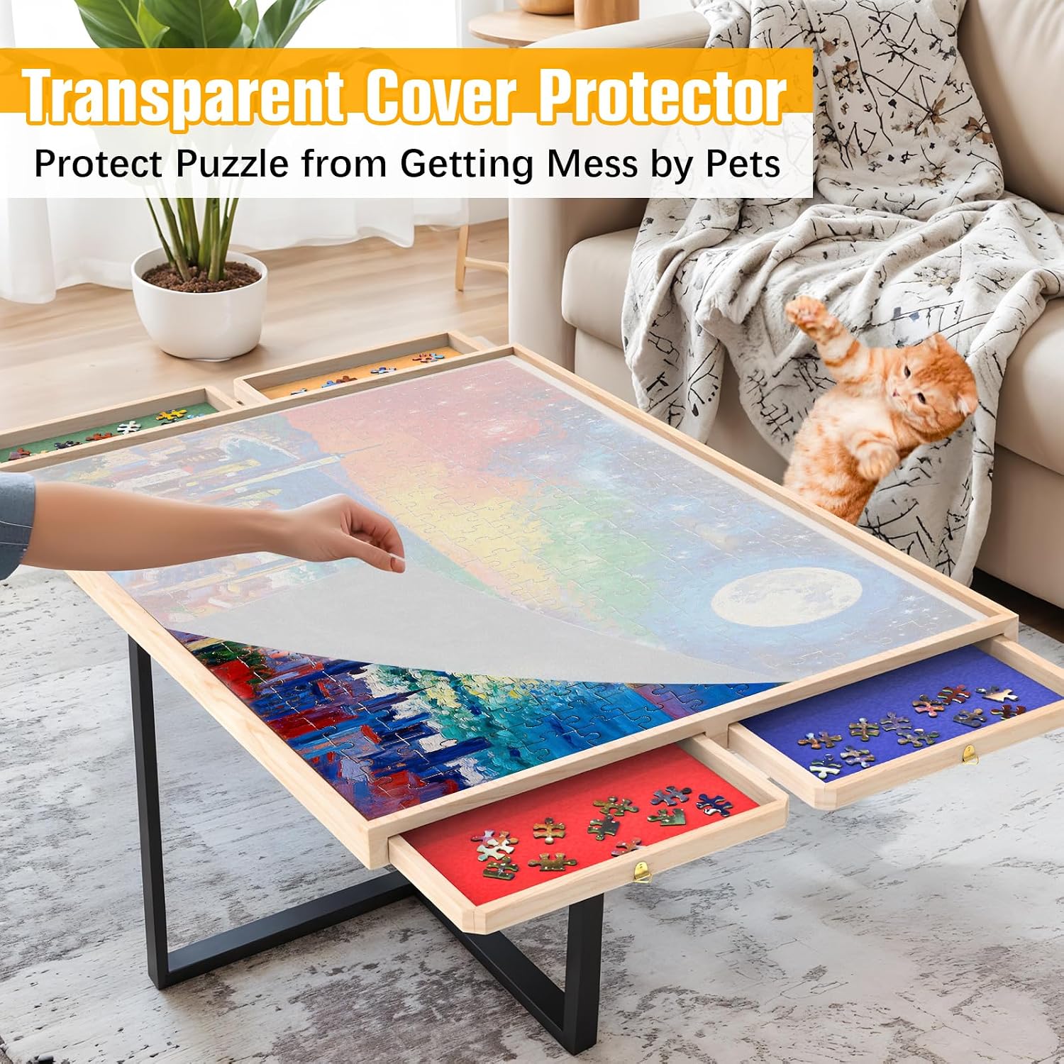 Thumbnail 3 de 1000 Piece Puzzle Board with Drawers Rotatable 360-Degree Wheels and Cover — 30" x 22" Wooden Puzzle Table Storage Organizer