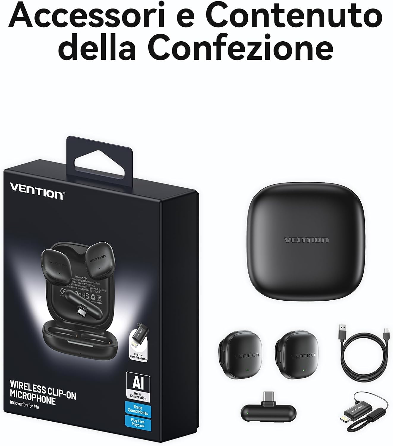 Thumbnail 6 de Vention mini microfono wireless per iPhone 17/16/15 Pro Max e Android (USB-C, Bluetooth, lavalier) con custodia di ricarica 24 ore