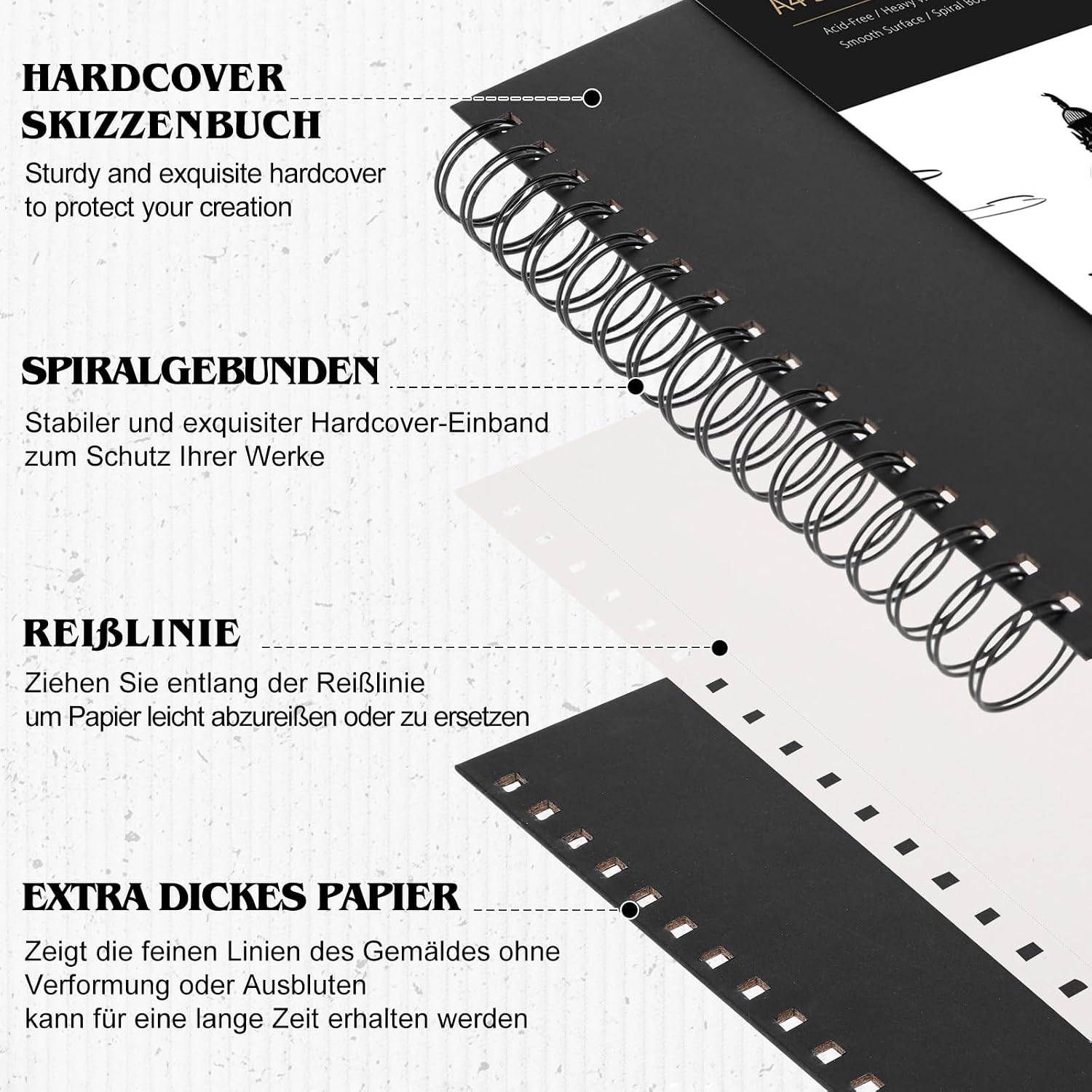 Thumbnail 2 de A4 Skizzenbuch mit 250 g/m² Zeichenpapier, 40 Blatt (80 Seiten) und Spiralbindung
