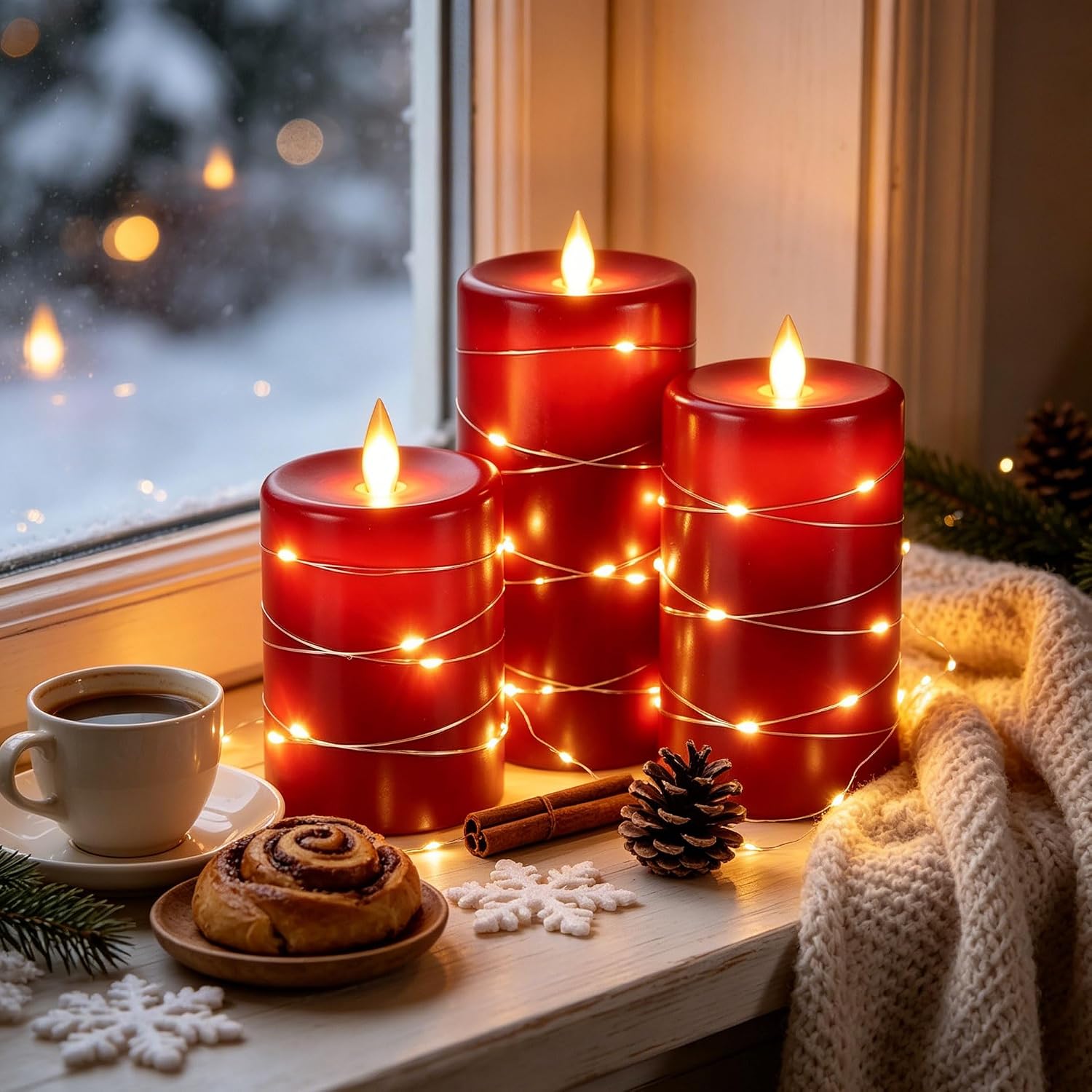 Detalle 2 de Da by 3-Pack Red Real Wax Flameless Taper Candles with Copper Lights & Remote