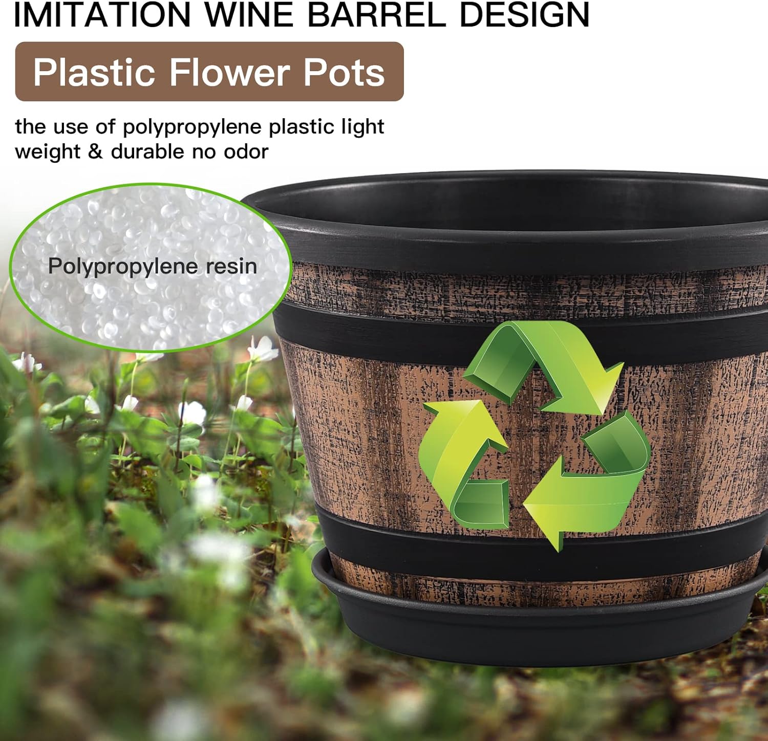 Thumbnail 3 de Quarut 3-Pack 10-Inch Whiskey Barrel Plant Pots (Brown) with Drainage Holes & Saucers