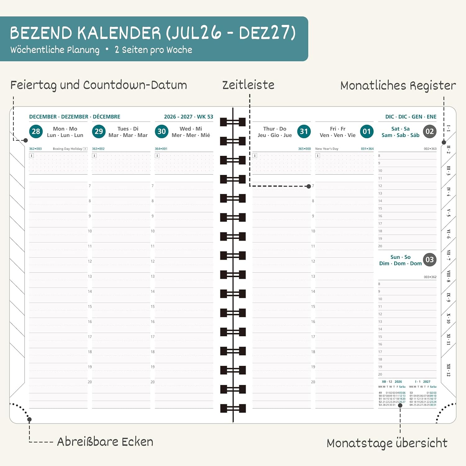 Detalle de BEZEND Kalender 2026/2027 – Wochenplaner A5, 18 Monate (Juli 2026–Dezember 2027) im Ringbuch PU-Leder Softcover, Lavendel