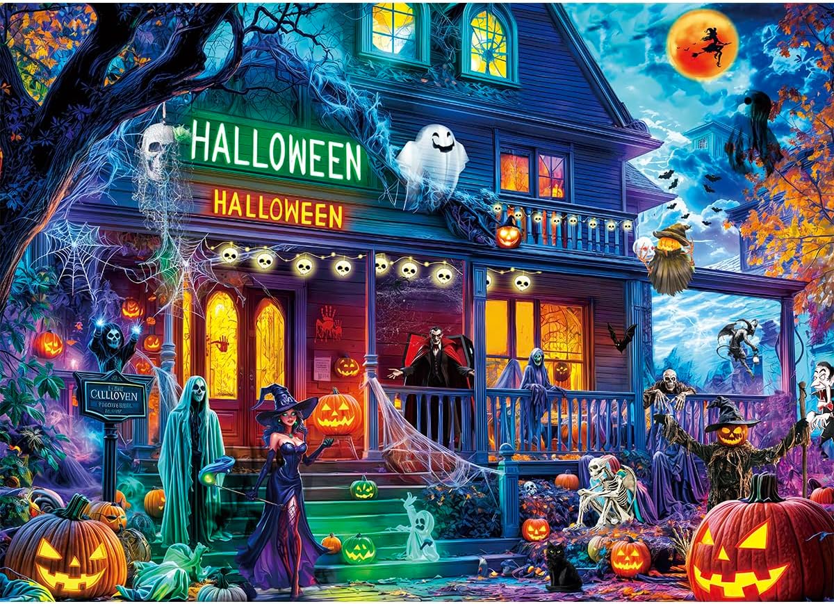 Detalle de HUADADA Halloweenpussel med 1 000 bitar och motiv av ett gammalt hus