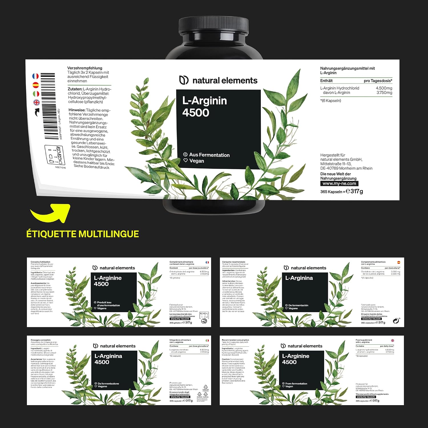 Detalle de L-Arginine 365 gélules véganes – 4 500 mg HCL par dose journalière (3 750 mg L-arginine pure)