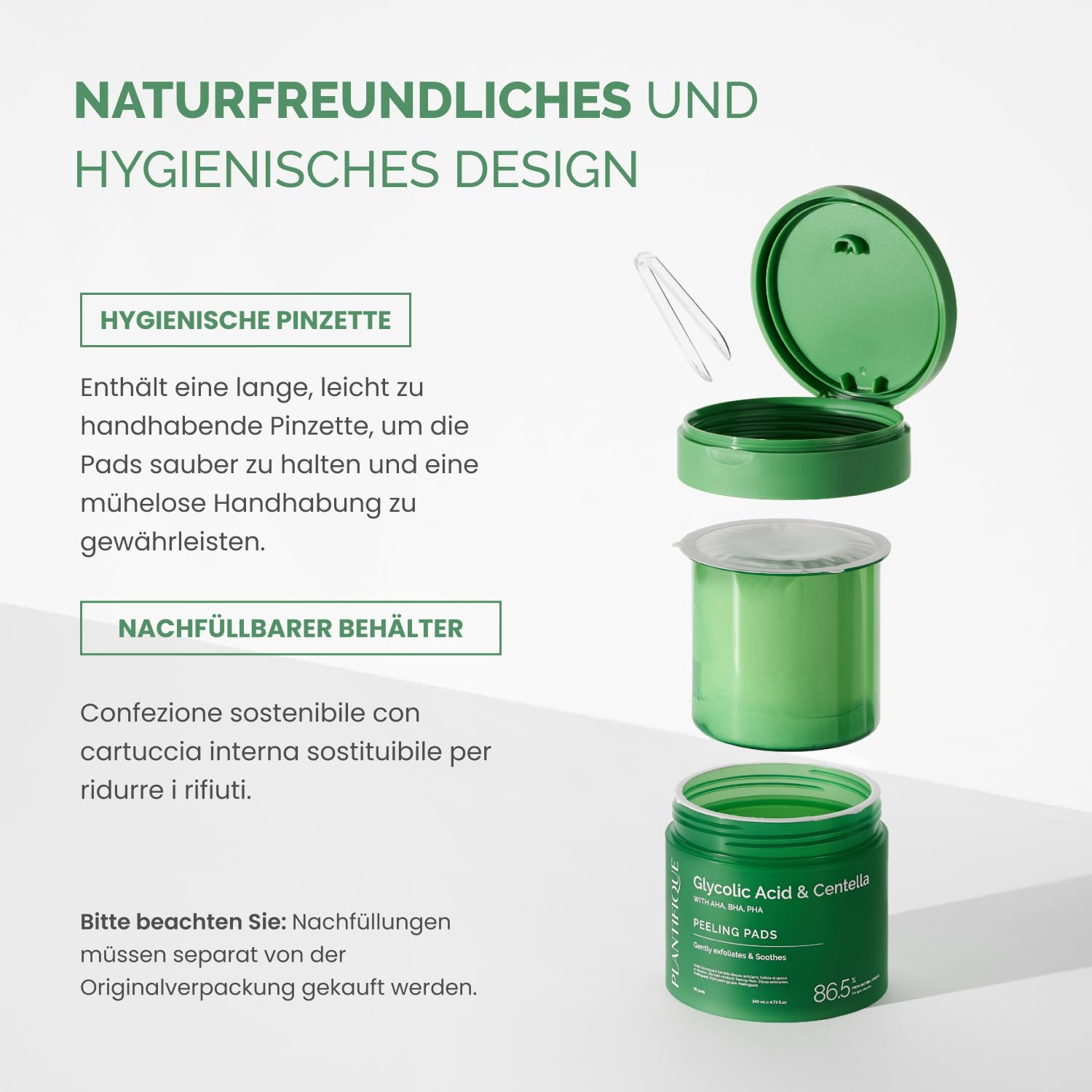 Detalle 2 de PLANTIFIQUE Korean Peeling Pads (60 Stück) mit Glycolsäure, Niacinamid, CICA & Multi-Acid-Komplex