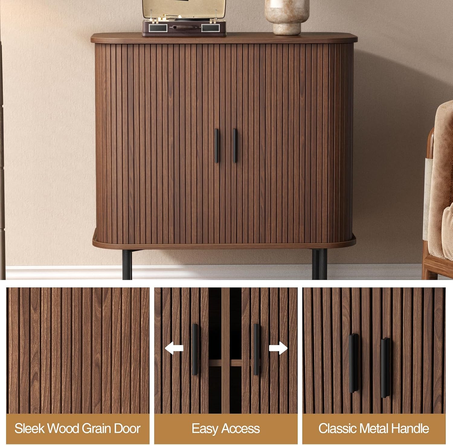 Thumbnail 5 de BonVache J1S0011 Fluted Sideboard Cabinet, Walnut, Sliding Doors
