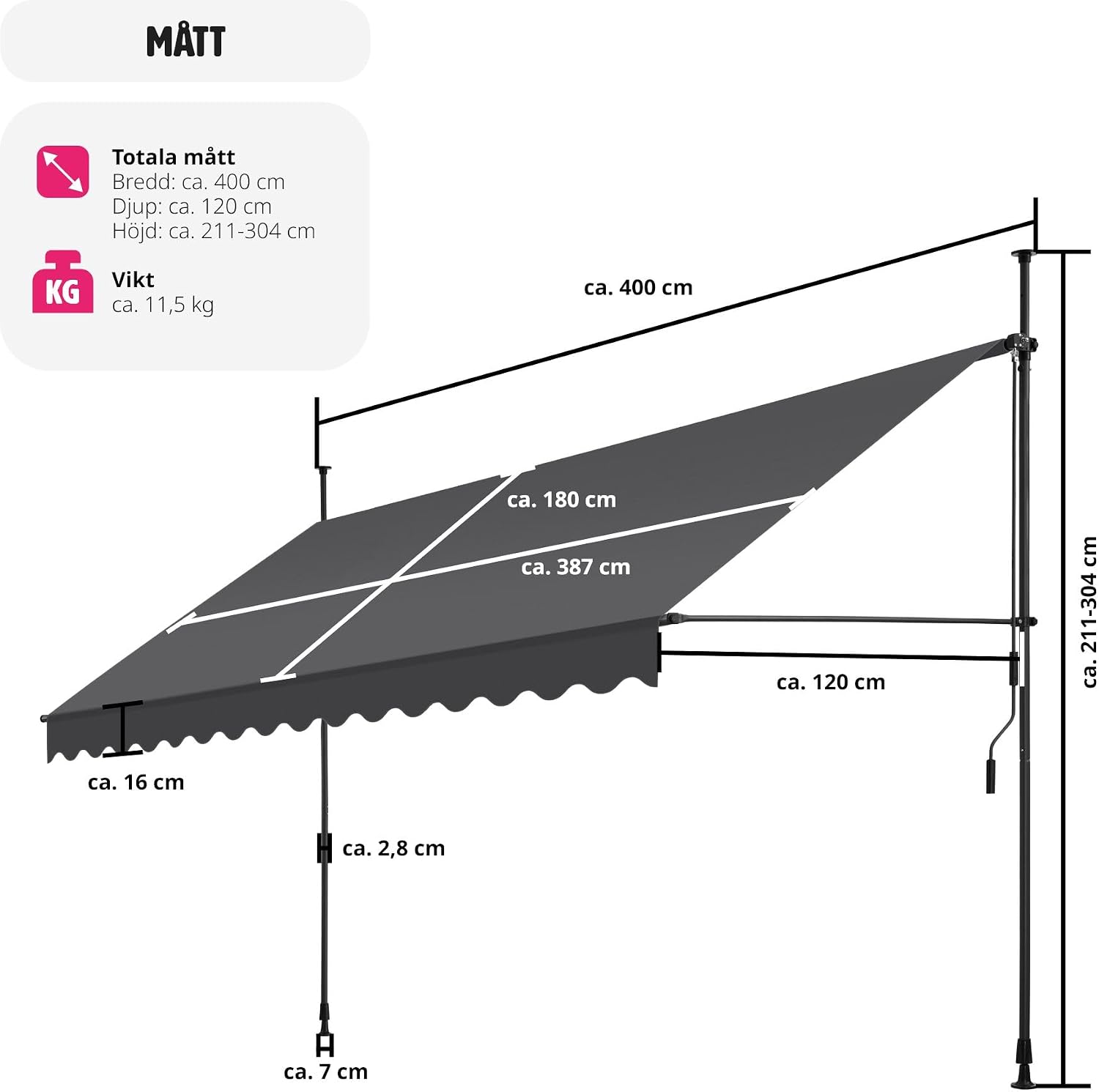 Detalle de tectake Tenda da Sole balkongmarkis 400 x 180 cm med handvev och UV-skydd