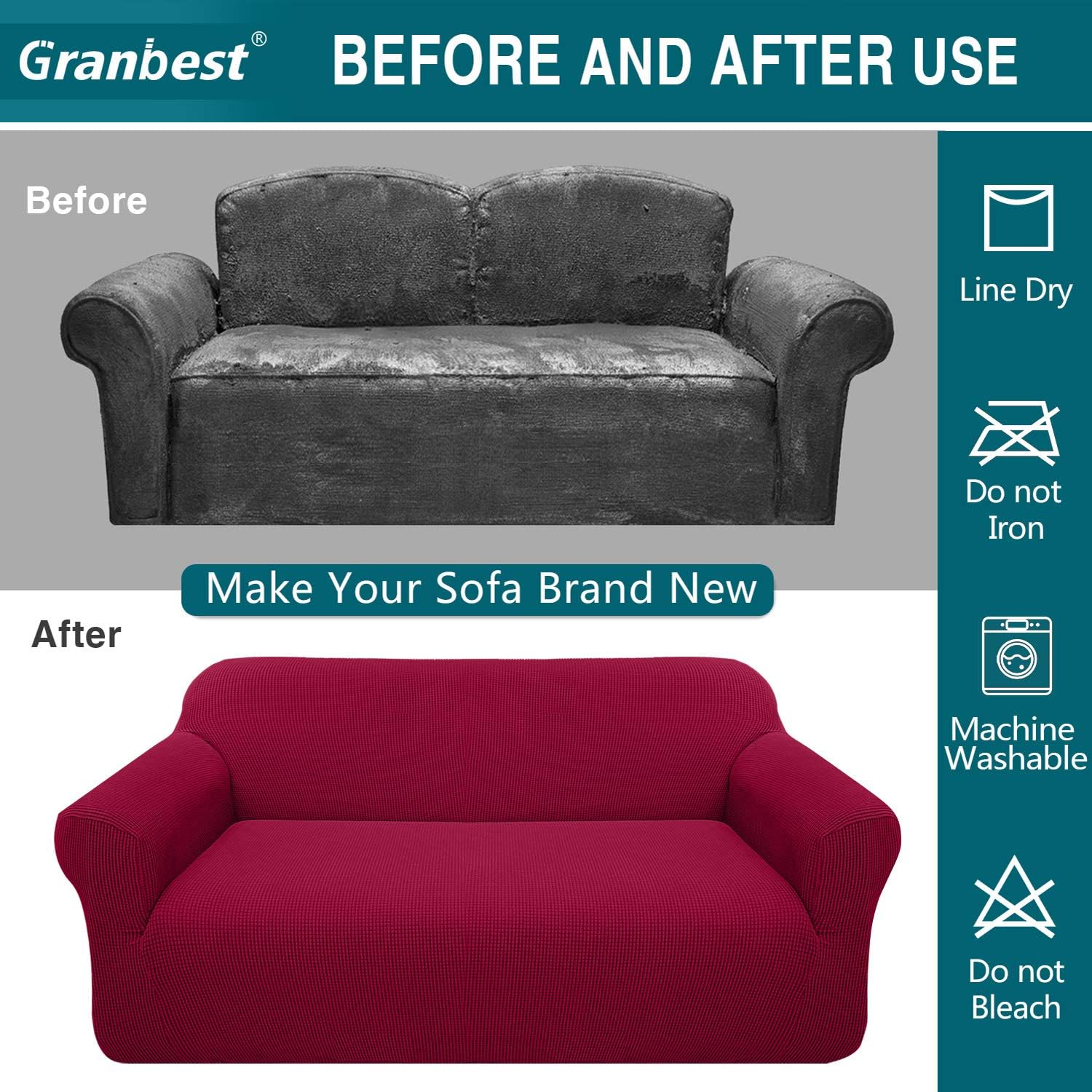 Thumbnail 4 de Granbest High Stretch 2 Seater Sofa Cover – Wine Red, Non-Slip Jacquard Fabric