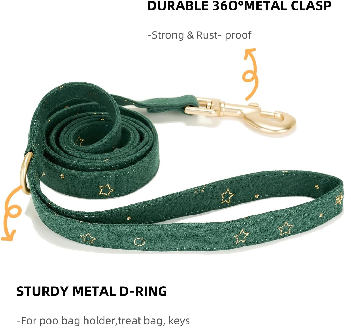 Detalle 2 de Petiry Cotton Dog Lead with Gold Star Print (150cm) – D-Ring for Poop Bag Holder
