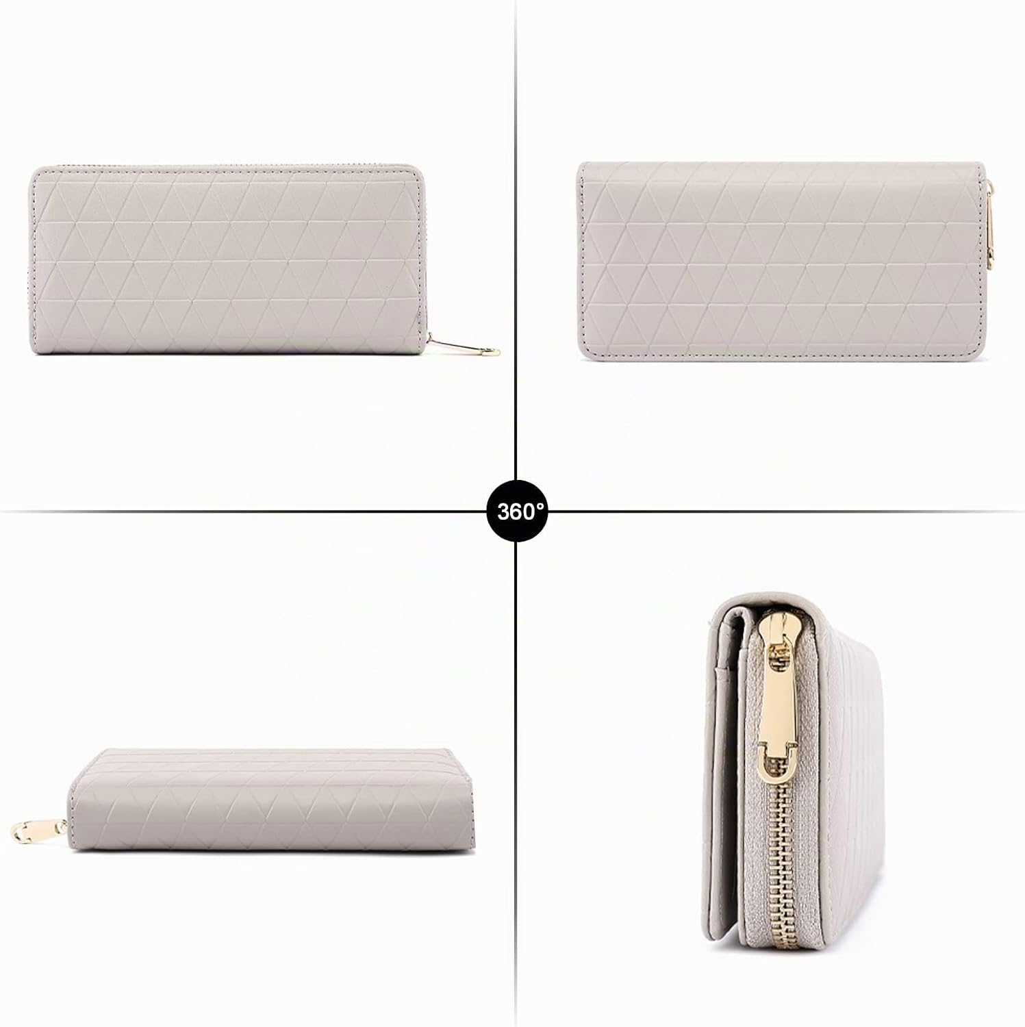 Detalle de TAN.TOMI Grand Portefeuille pour Femmes – Portefeuille RFID en cuir végétalien gris, fermeture éclair et multiples compartiments
