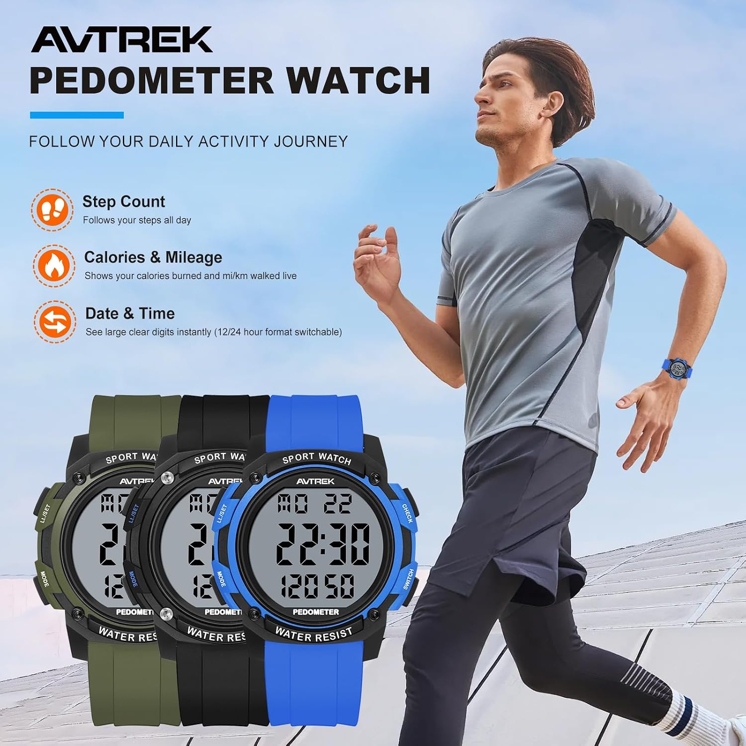 Thumbnail 1 de AVTREK Waterproof Pedometer Watch Step Counter (LCD large numbers, no app/Bluetooth required)