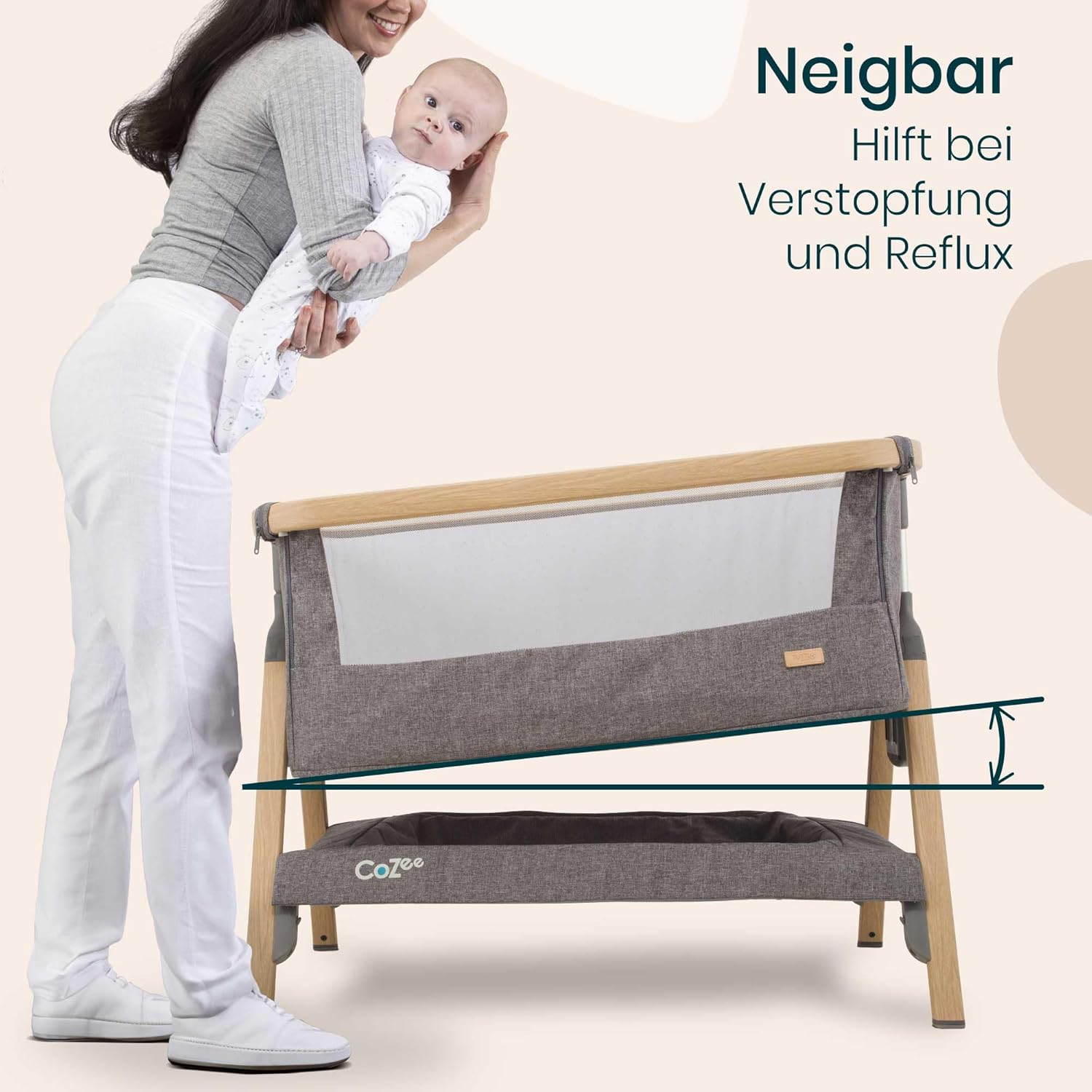 Thumbnail 3 de Tutti Bambini CoZee 2-in-1 Beistellbett & Reisebett (0–6 Monate) mit Matratze – 6-fach höhenverstellbar, faltbar, Mesh-Fenster – Eiche & Anthrazit