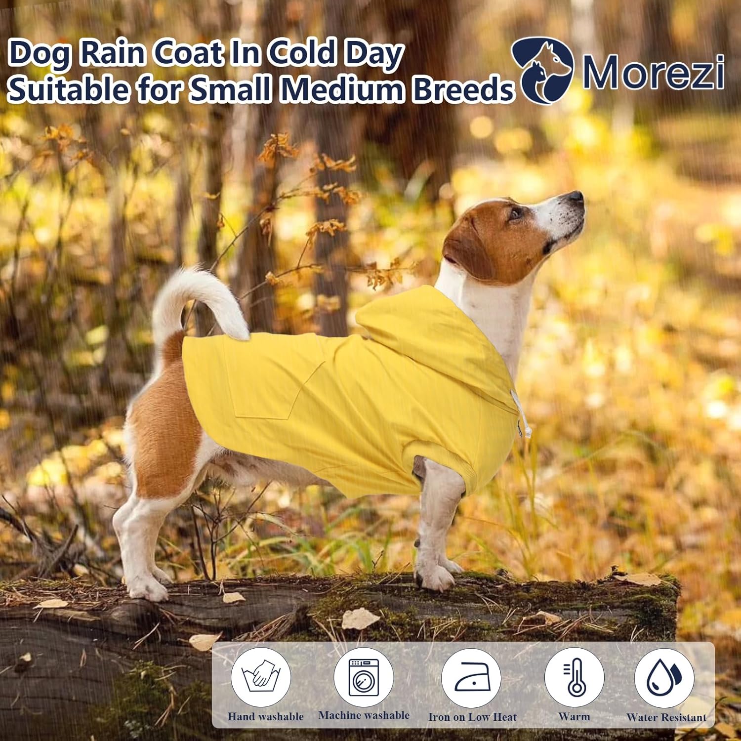 Thumbnail 1 de Dog raincoat waterproof jacket with hood, zipper & back pocket (Yellow) – Size S