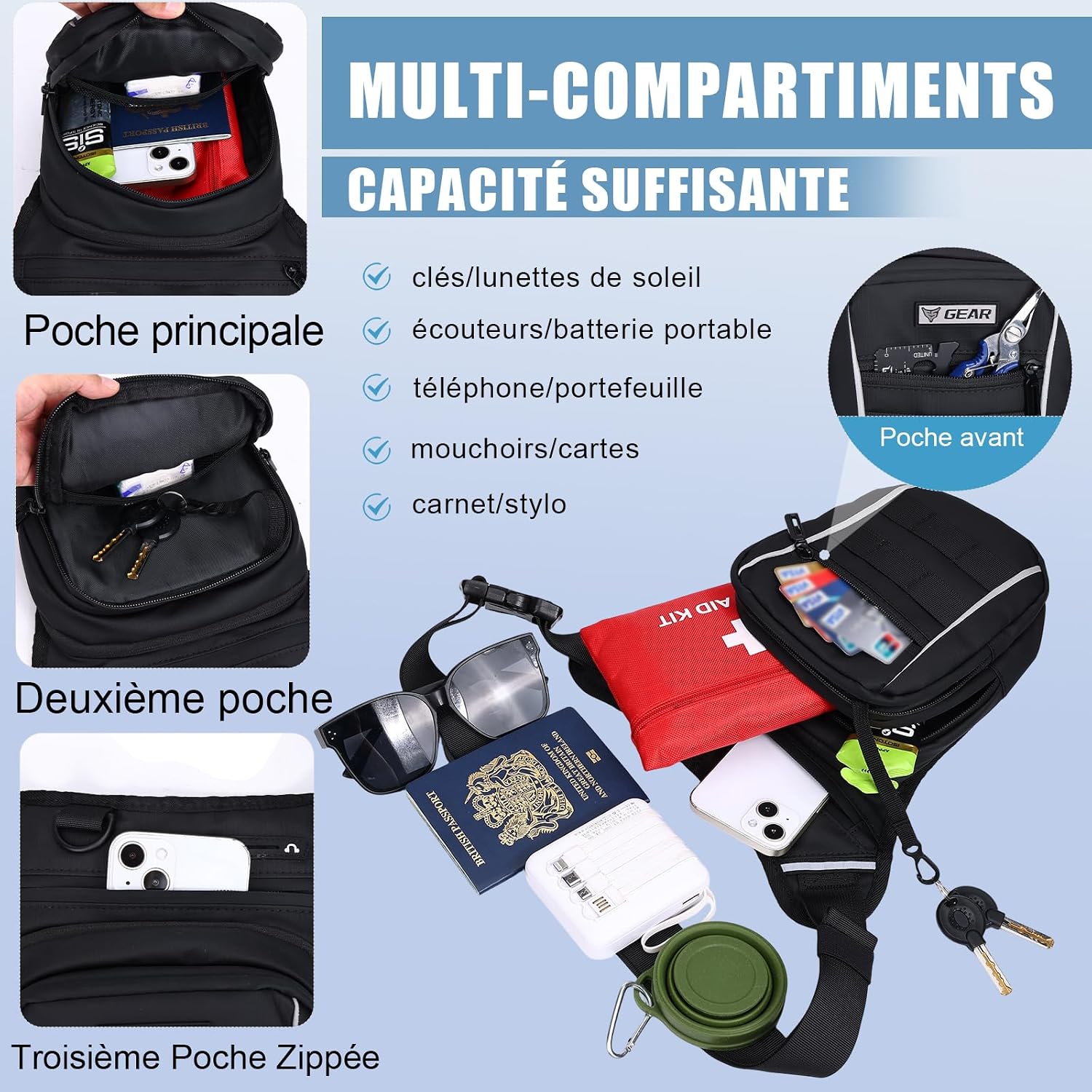 Detalle 2 de Eshow Sacoche de Jambe Moto Extensible – Sacoche banane réfléchissante à fixation fiable