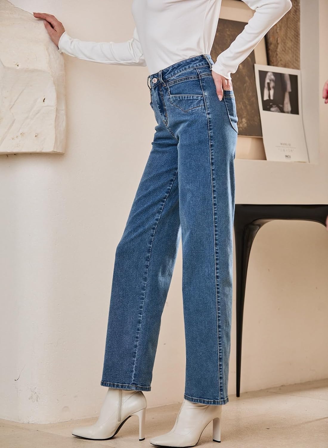 Detalle 1 de SIDEFEEL Women's High-Waisted Stretchy Wide-Leg Jeans with Slant Pockets