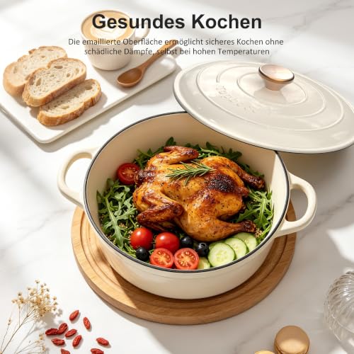 Detalle de Topbooc Gusseisen Topf Brot Backen, 26 cm, 5 L – Cremeweiß mit Deckel