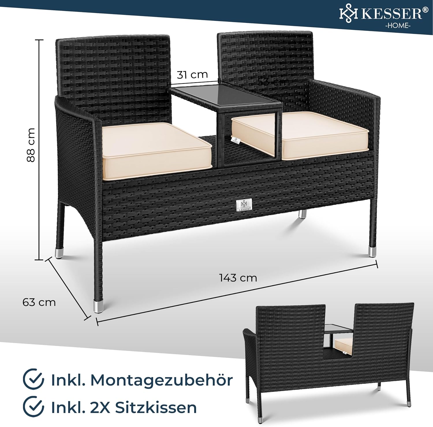 Thumbnail 6 de KESSER Polyrattan Gartenbank mit Tisch (2 Sitzer), 143x63x88 cm – wetterfest für Garten & Balkon in Schwarz