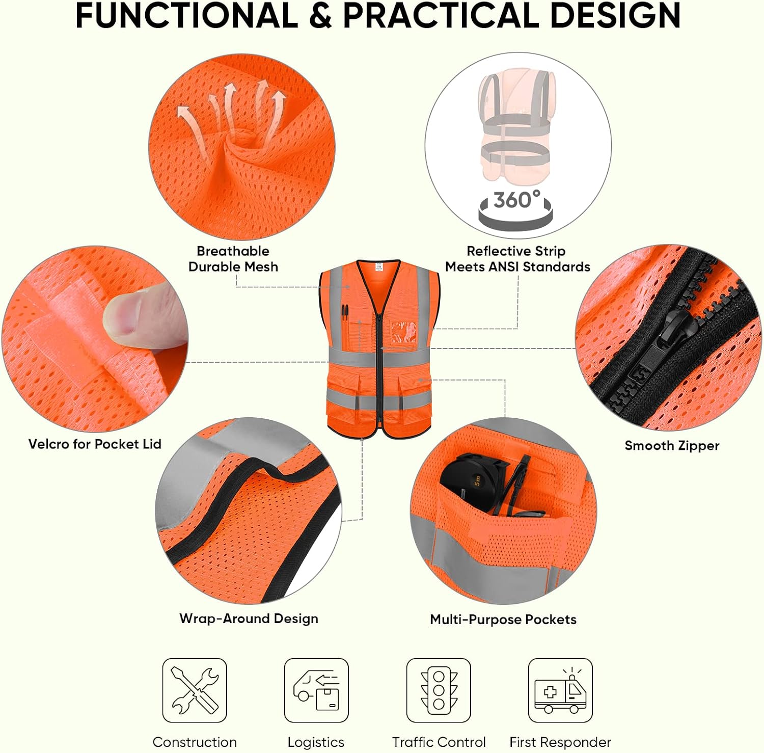 Detalle de TICONN High Visibility Reflective Safety Vest, ANSI Class 2 with 360° Strips