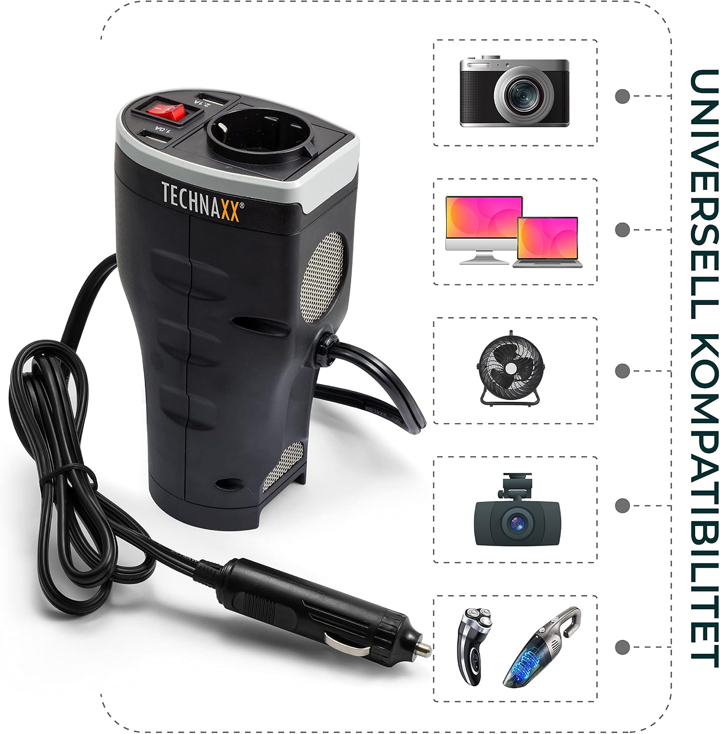 Thumbnail 2 de Technaxx TE13 spänningsomvandlare 12 V till 230 V, 200 W med Schuko och USB