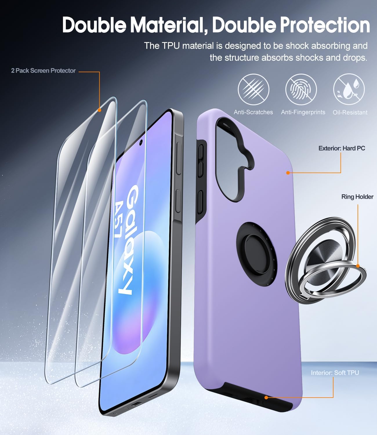 Thumbnail 6 de AOUIA Galaxy A57 5G case with 2 screen protectors, purple – shockproof with 360° rotating ring kickstand