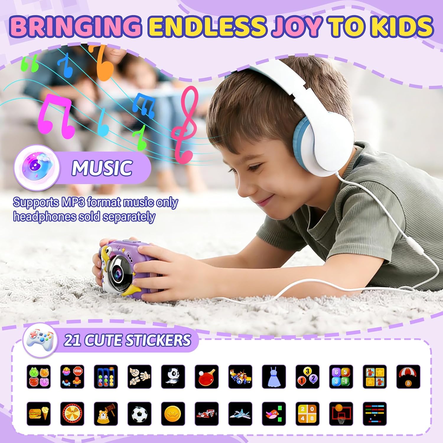 Detalle de Kids smart camera toy with dual cameras, 1.8-inch touchscreen and learning games (Purple) for ages 3-12