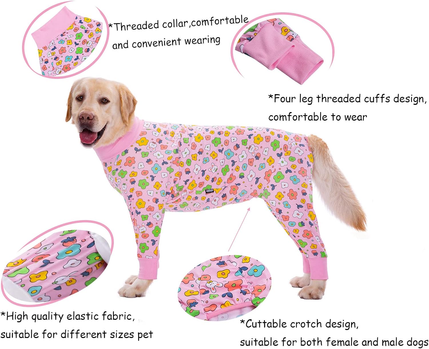 Detalle de BT Bear Large Dog Clothes Elastic Recovery Onesie Jumpsuit for Medium to Large Dogs (4XL, Pink Flowers)