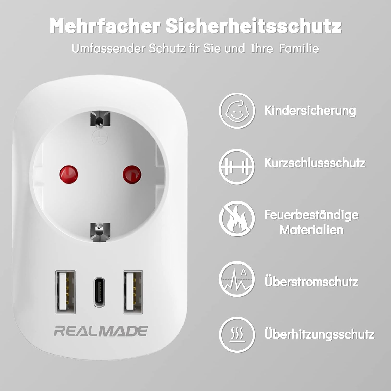 Thumbnail 3 de RealMade Reiseadapter UK auf EU mit 2× USB und 1× Typ‑C Anschluss für Großbritannien (Typ G)