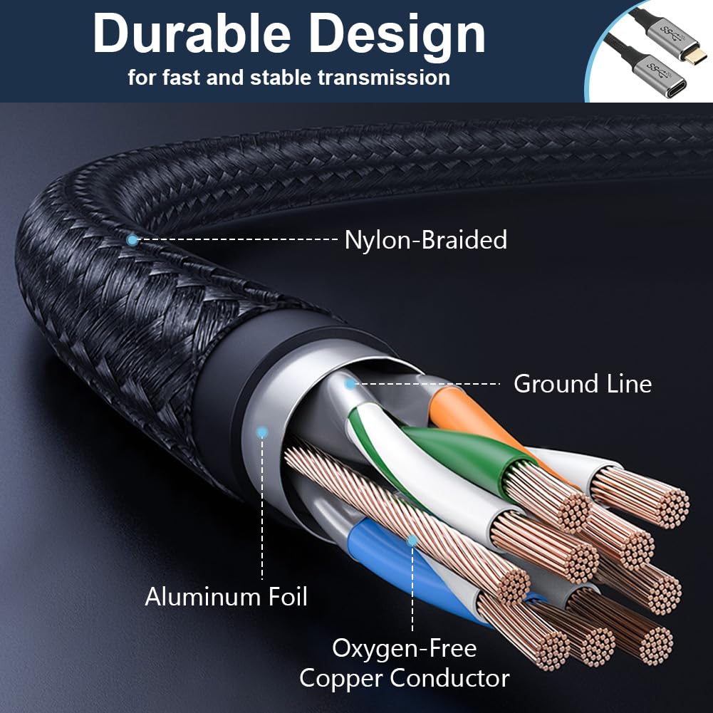 Detalle de AXFEE USB-C Extension Cable 2m: 20Gbps, 100W, 4K@60Hz, Type-C Male to Female