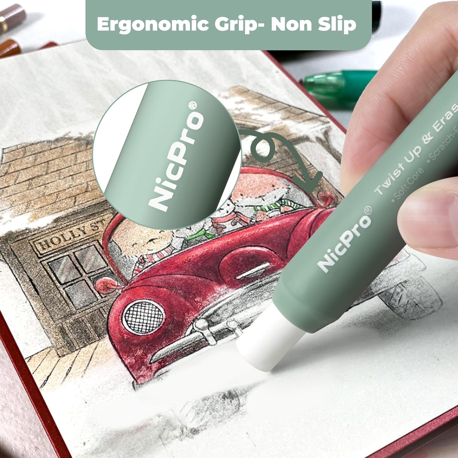 Detalle 2 de Nicpro 6-Pack Retractable Erasers, Soft TPE Twist Design, Rainbow Colors