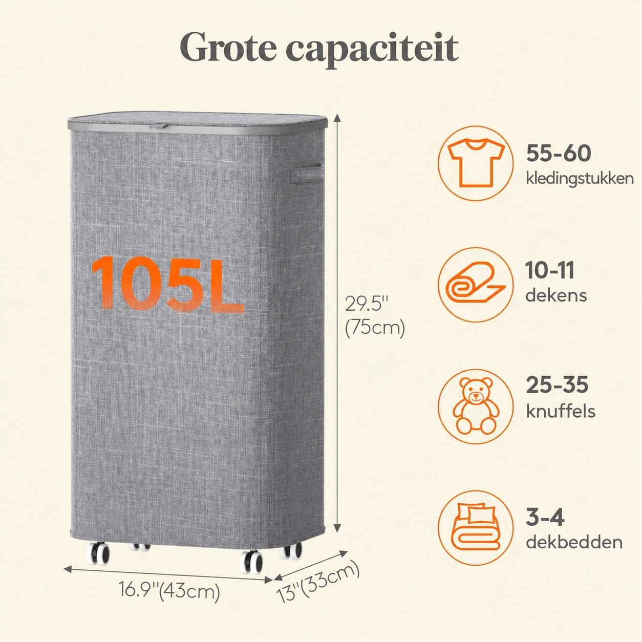 Detalle de Lifewit 24599 wasmand van 105 liter met deksel en wielen, lichtgrijs
