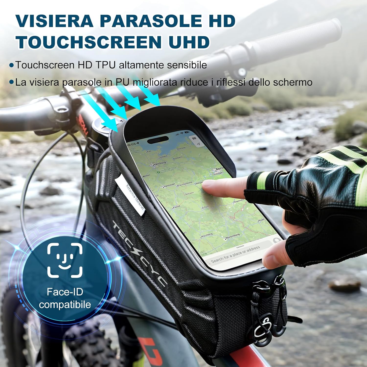 Detalle de TECHCYC Borsa Telaio Bici con riflettente e touchscreen TPU, impermeabile per MTB, gravel, strada ed e-bike