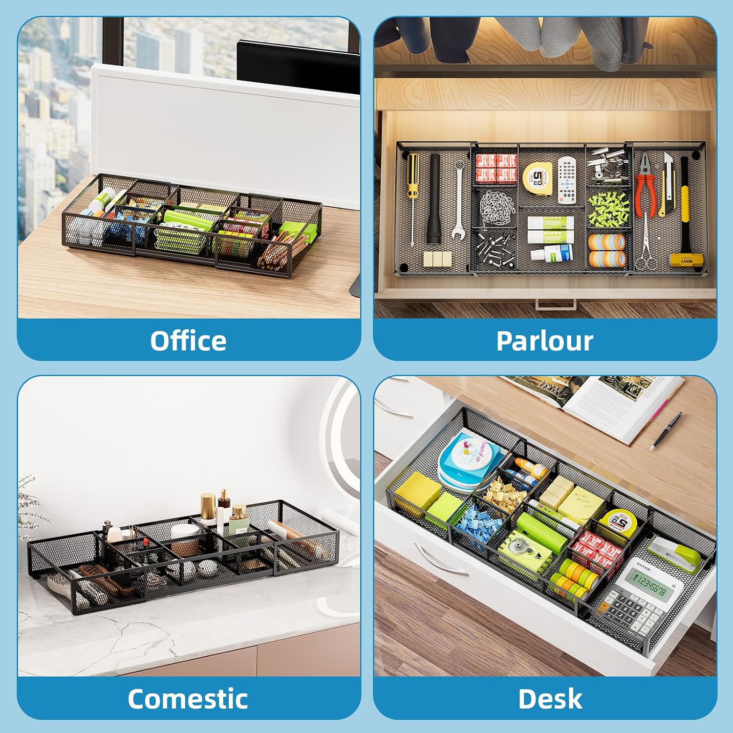 Detalle 2 de Marbrasse Drawer Organizer Tray-Black, Expandable Mesh Desk Drawer Organizer