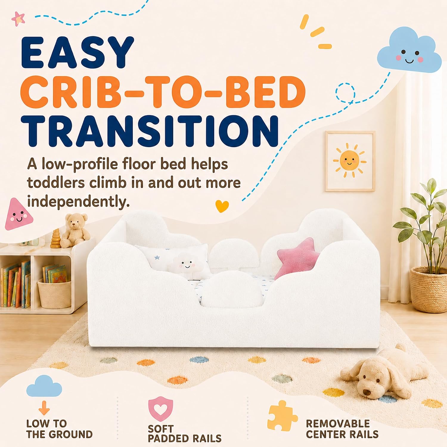 Thumbnail 3 de Ancelny Toddler Floor Bed with Removable Rails, Cozy Upholstery and Two Setup Options