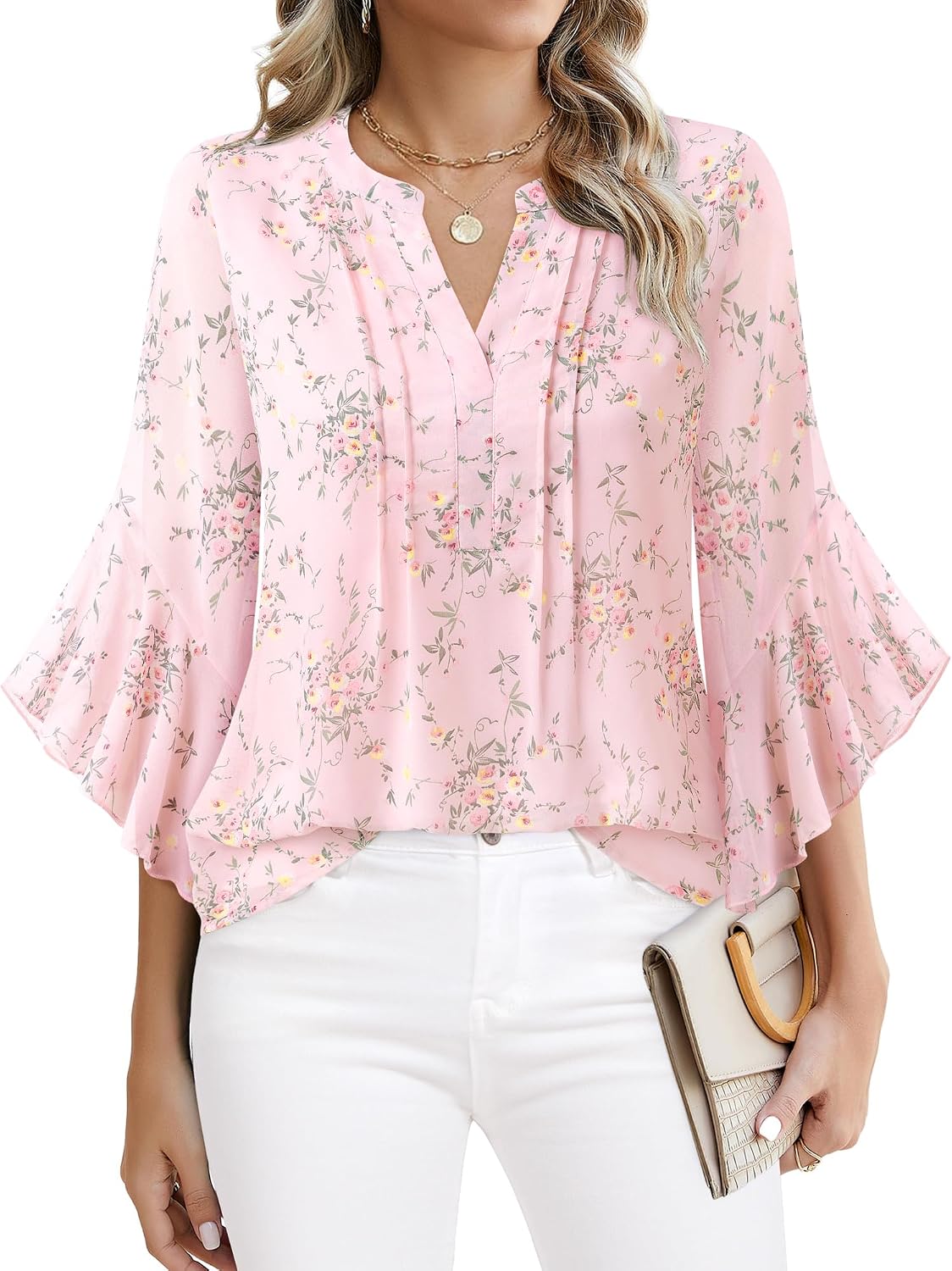 Detalle de Timeson Women’s 3/4 Sleeve Dressy Casual Top (Henley V-Neck with Flounce Sleeves)