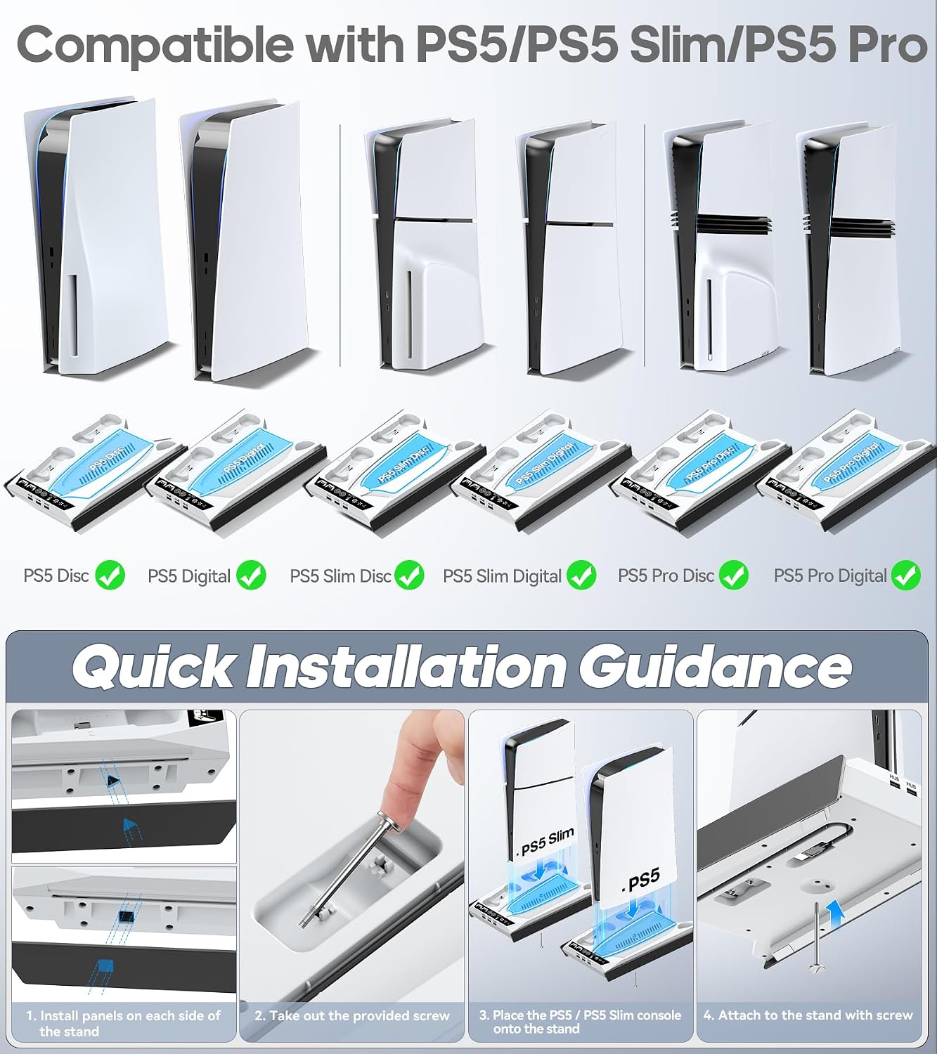 Detalle de PS5/ Pro/Slim Stand for Disc & Digital Console: Cooling, Charging and Docking Station