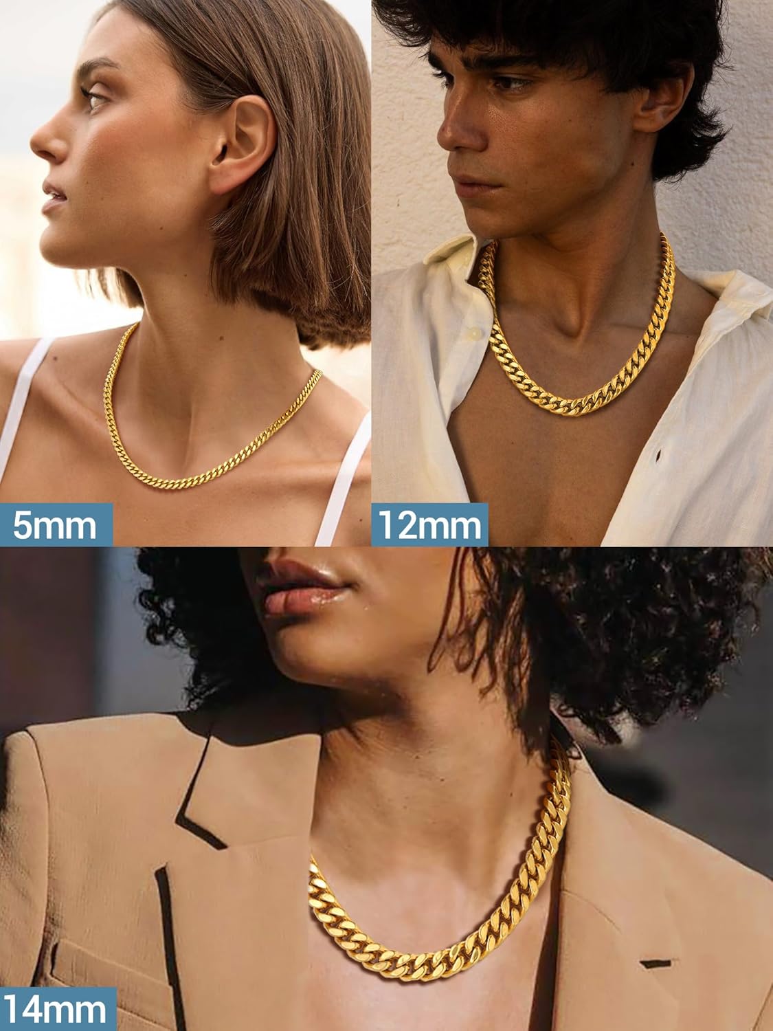 Thumbnail 3 de PROSTEEL chaîne cubaine femme en acier inoxydable 316L (maillons 5/12/14 mm) – 45/50 cm, style hip-hop