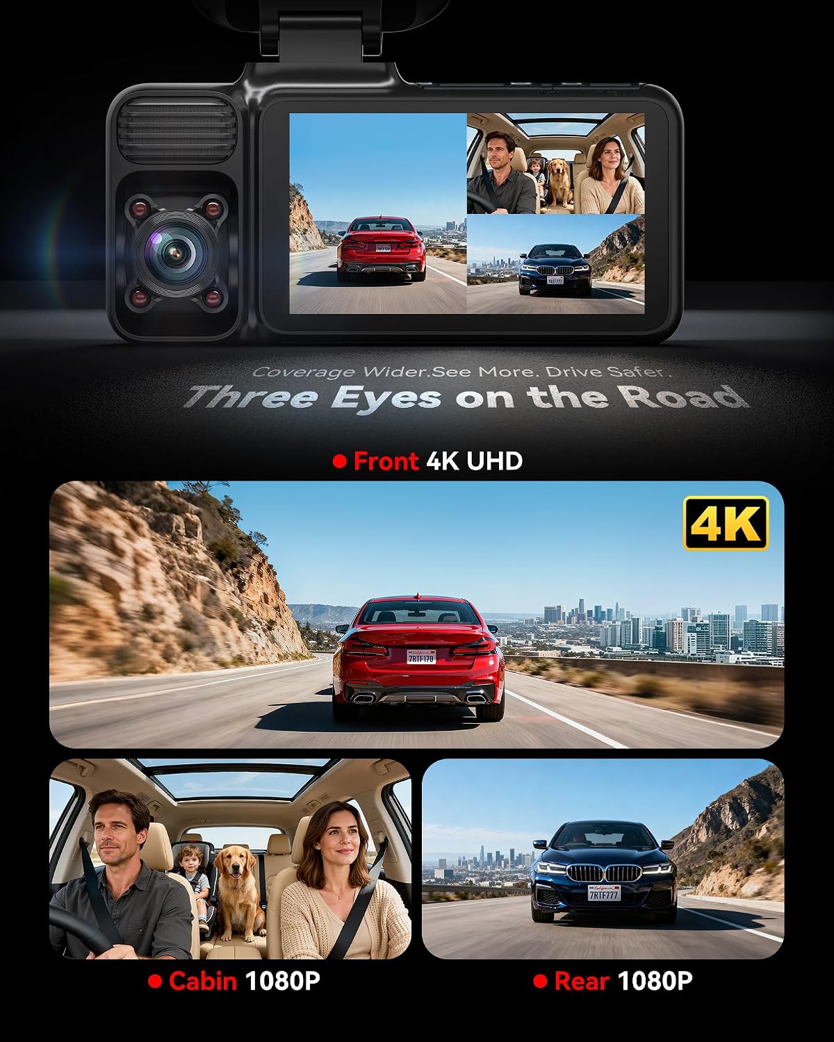Thumbnail 1 de REDTIGER 4K 3‑Channel Dash Cam 64GB