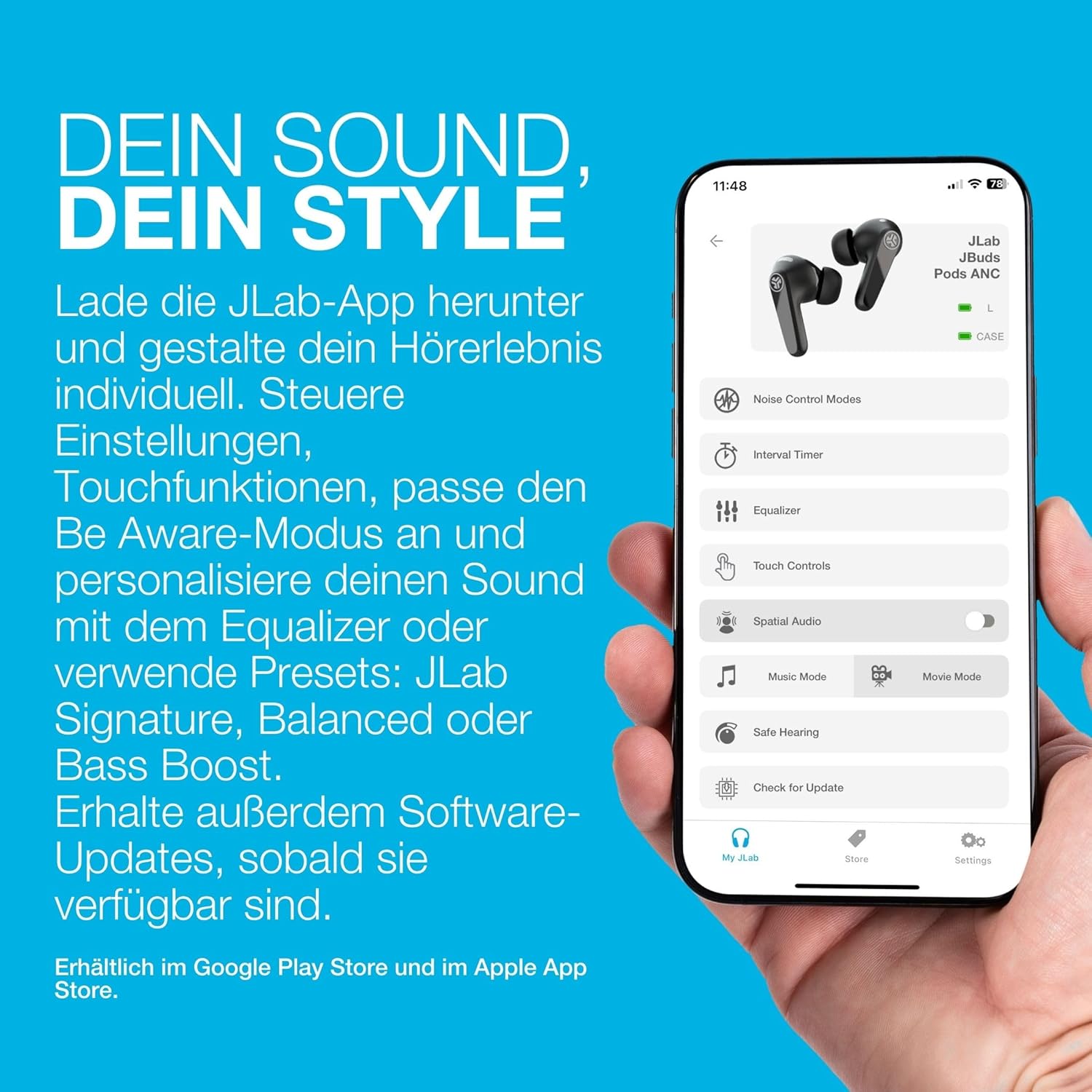 Thumbnail 5 de JLab JBuds Pods ANC In-Ear Bluetooth-Kopfhörer mit Hybrid-Noise-Cancelling, Multipoint & IP55 (Schwarz)