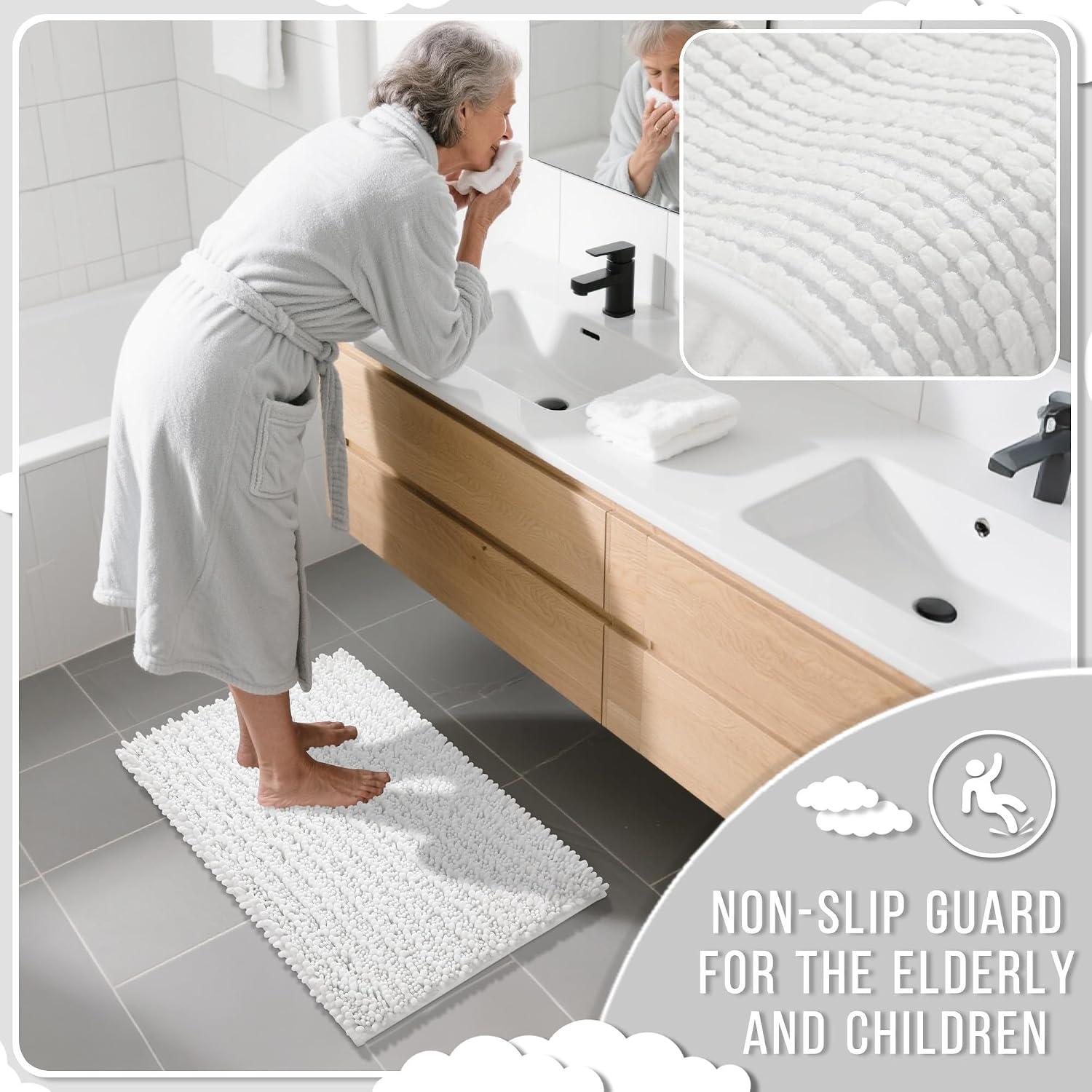 Detalle de Yimobra 36 x 24-Inch Chenille Bath Mat, White, Plush High Pile