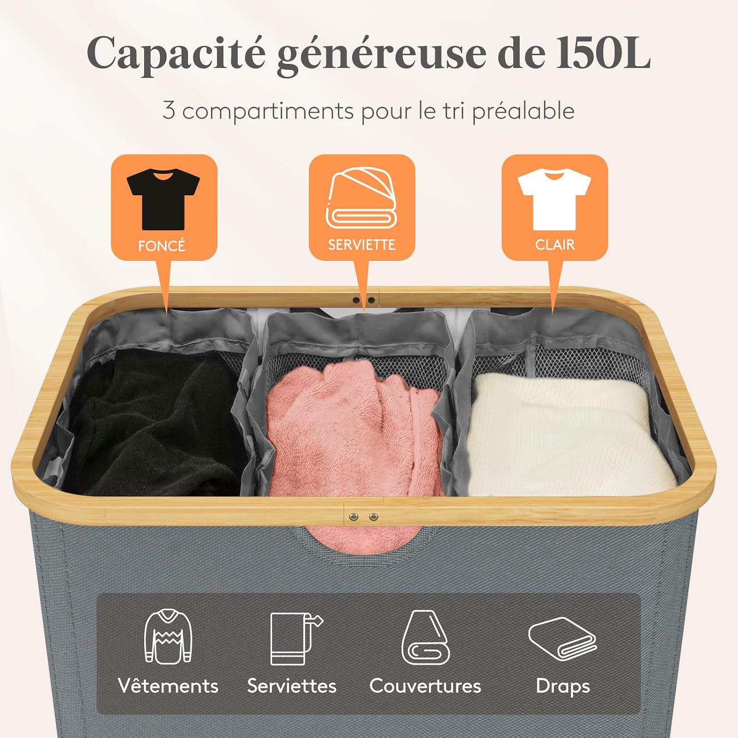 Detalle de Lifewit 23156 wasmand 150 l met deksel, bamboe en 3 uitneembare zakken